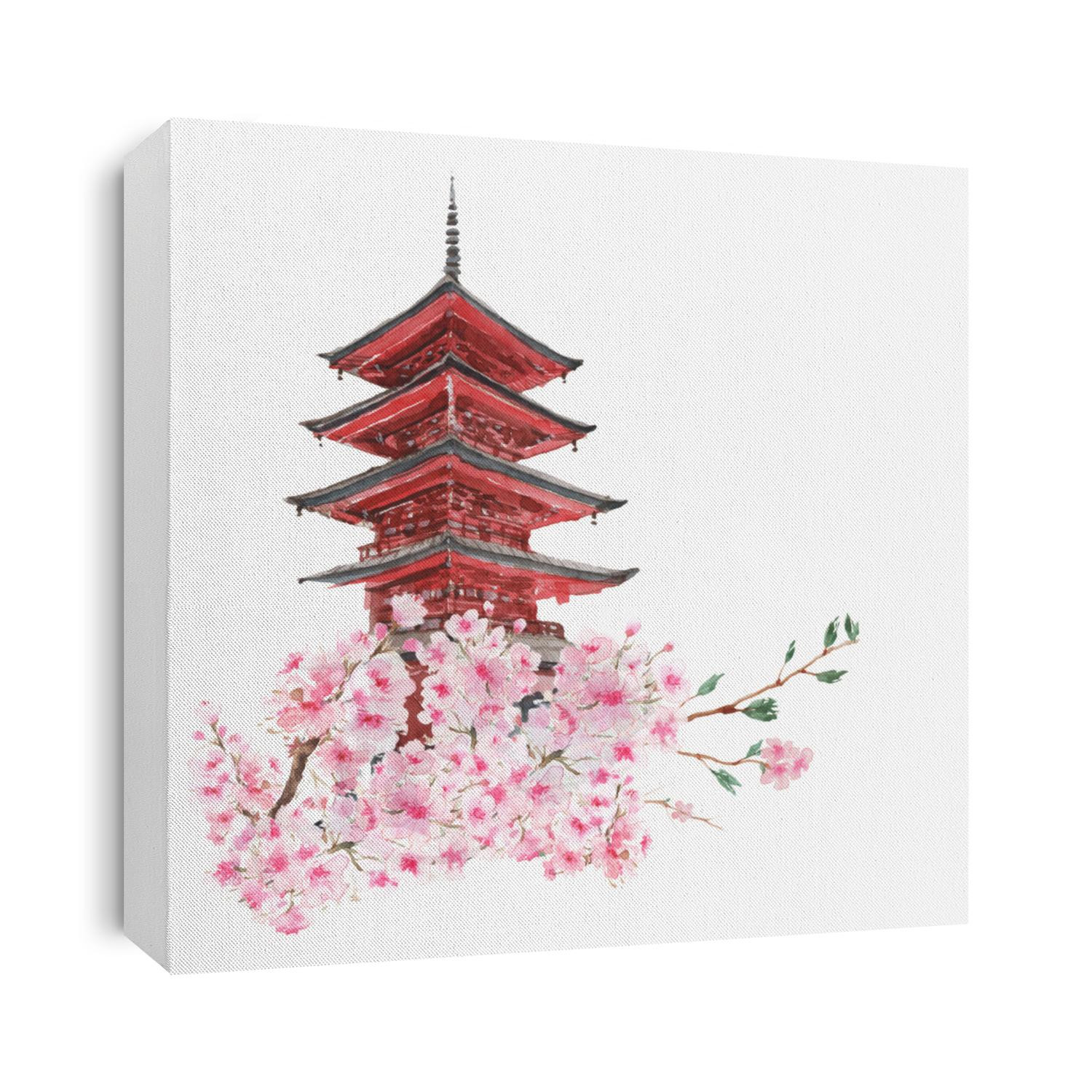 Hirosaki in spring with cherry blossom, Aomori, Hirosaki Five-storied Pagoda, Saisho-in.
Hand drawn watercolor painting isolated on white background. 
