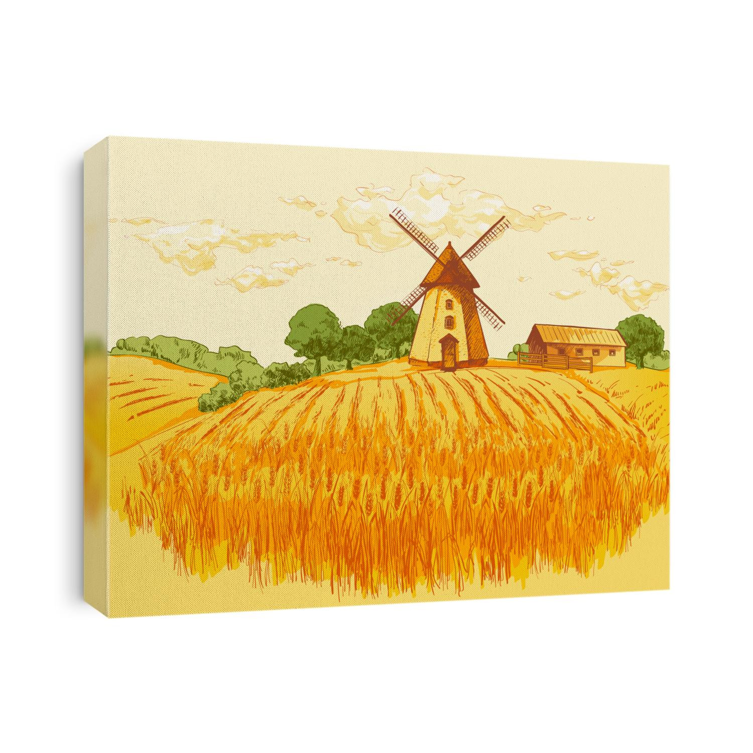 Rural dutch landscape with windmill and wheat field. Set of traditional windmill. Bakery shop, organic agricultural production, ecological food. Vector hand drawn vintage engraved sketch.
