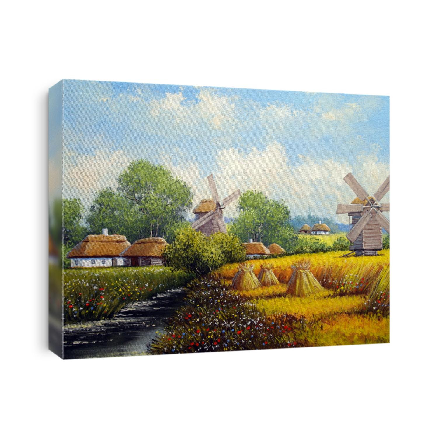 Oil paintings rural landscape, handmade  artwork.  Old village. Fine art. 