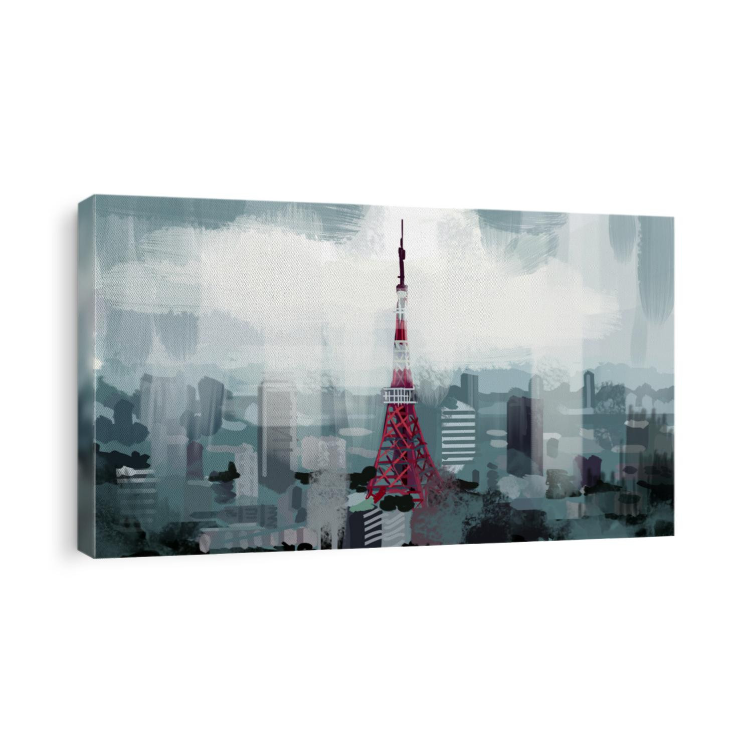 Landscape of the city of Tokyo. Imitation of abstract oil painting, Tokyo tower on a cloudy day.
