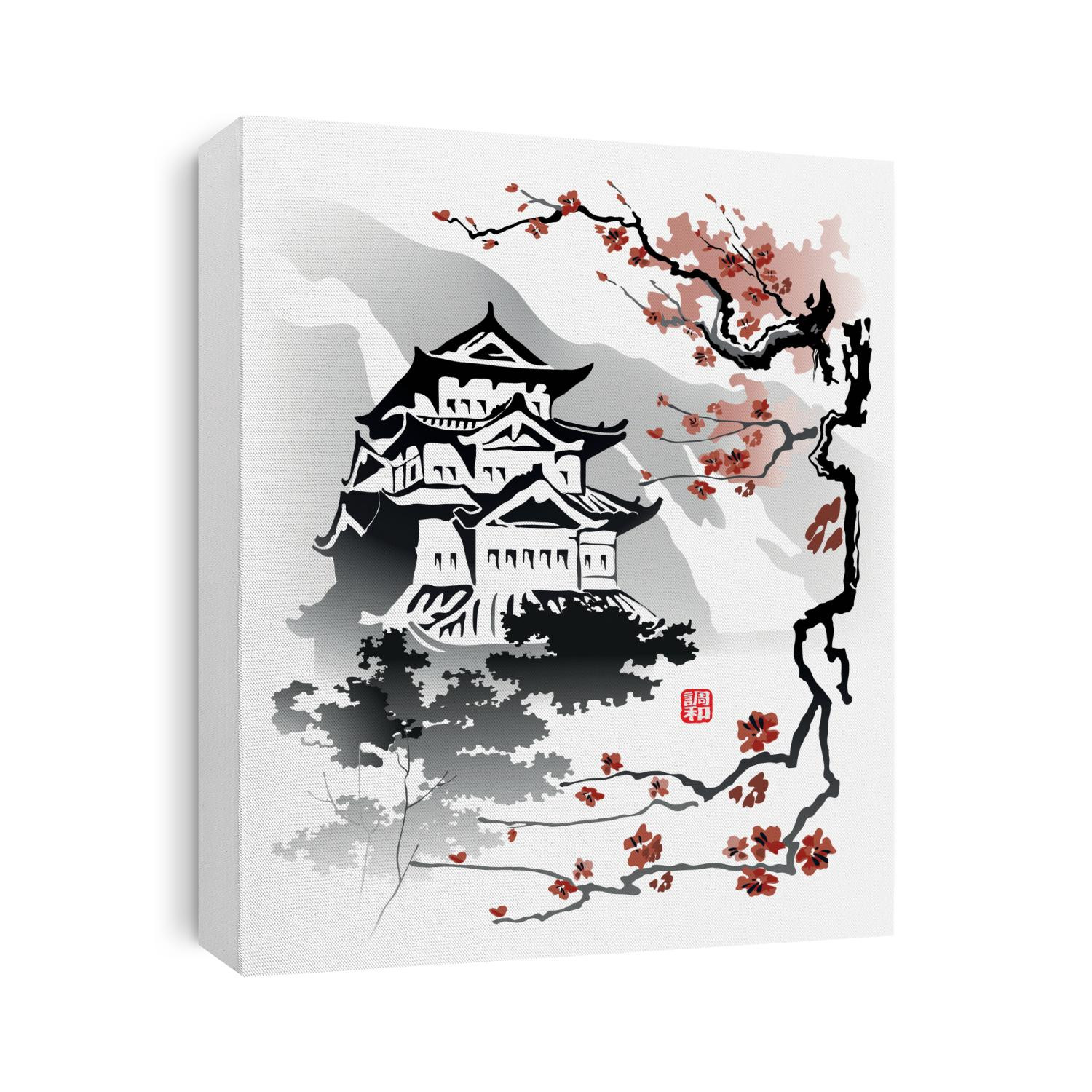 Sakura branch on the background of the palace. Vector illustration in traditional oriental style. The hieroglyph - Harmony.
