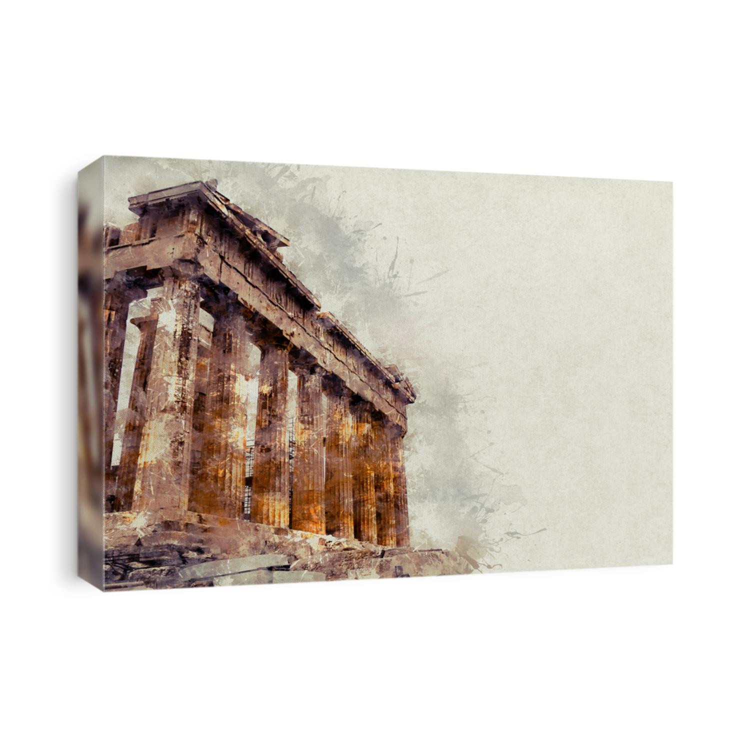 Watercolor illustration of a gorgeous landscape on old paper. Parthenon, ruins of an ancient monument in the Acropolis. Athens, Greece.