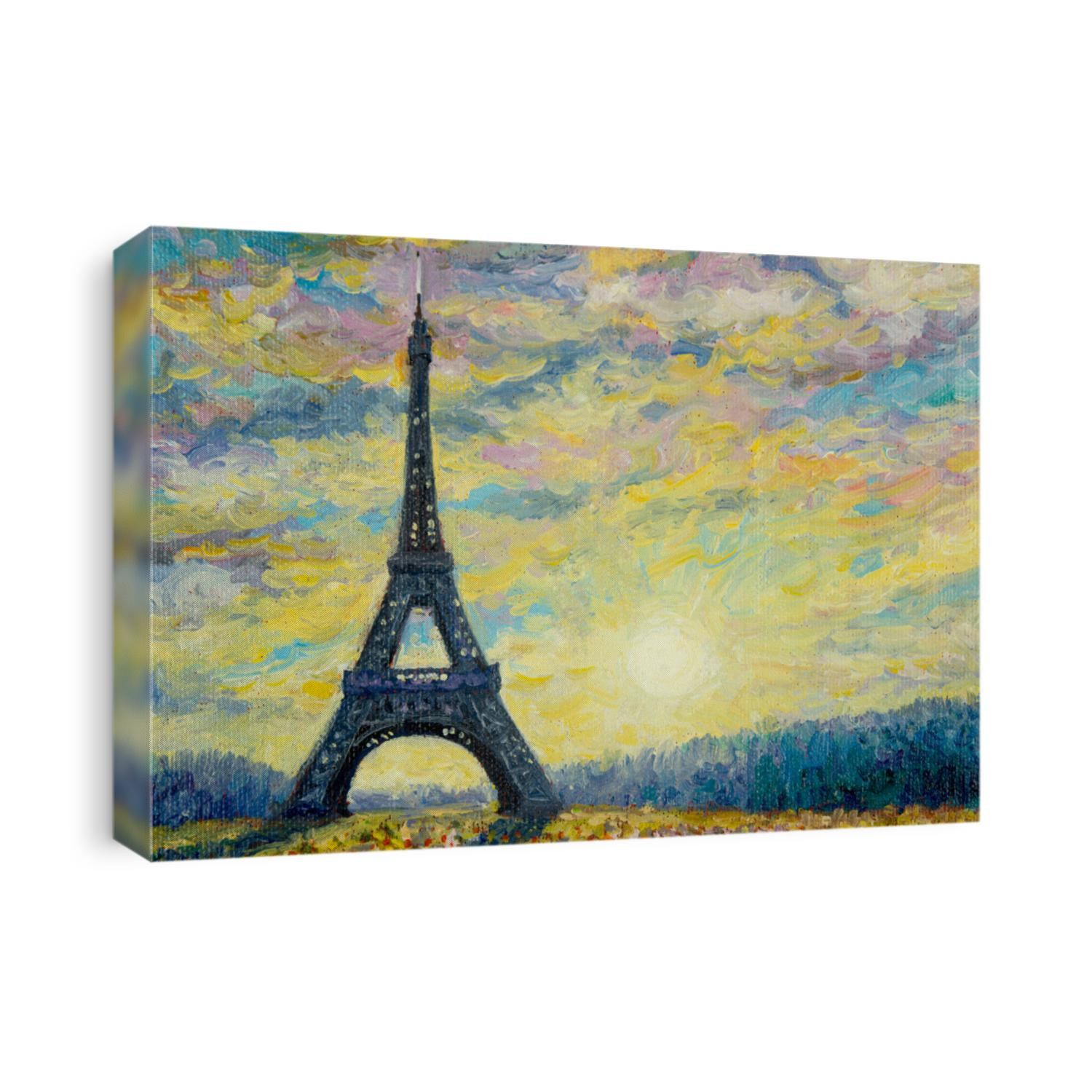Paris european city famous landmark of the world. France eiffel tower and sun, daisy flower multicolor in garden, with spring season, vintage style. Abstract oil painting illustration, copy space
