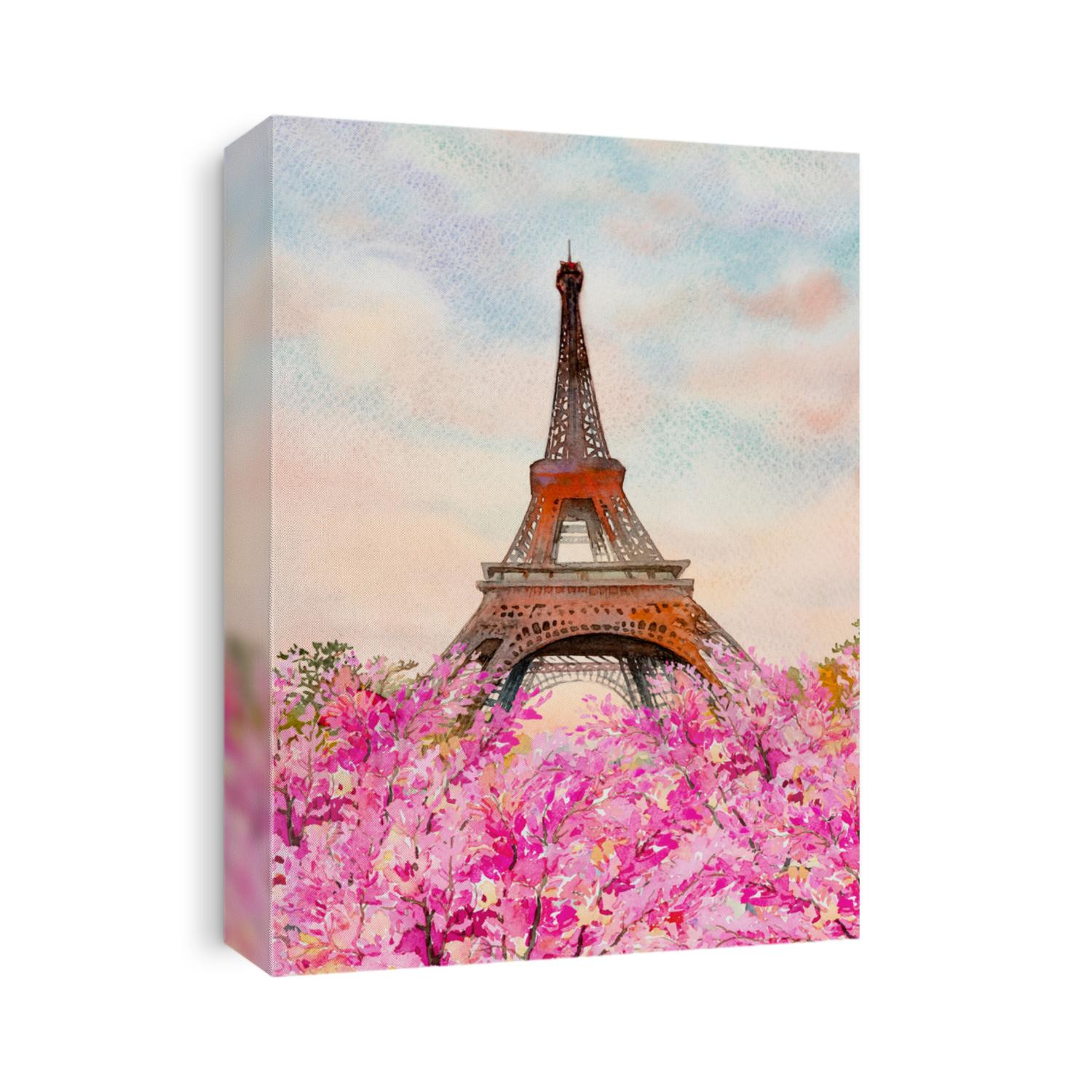 Paris france eiffel tower and cherry blossom in flowers beautiful spring season. Watercolor paintings landscape illustration art outdoor. Popular famous landmark in the Europe 