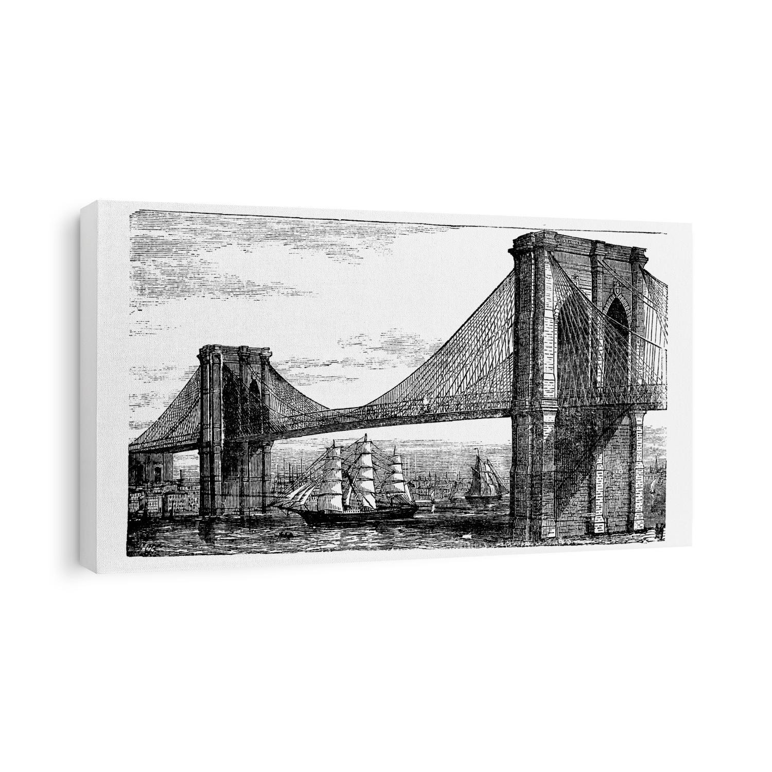 Illustration of Brooklyn Bridge and East River, New York, United States. Vintage engraving from 1890s. Old engraved illustration of the Brooklyn suspension Bridge completed in 1883, with ships