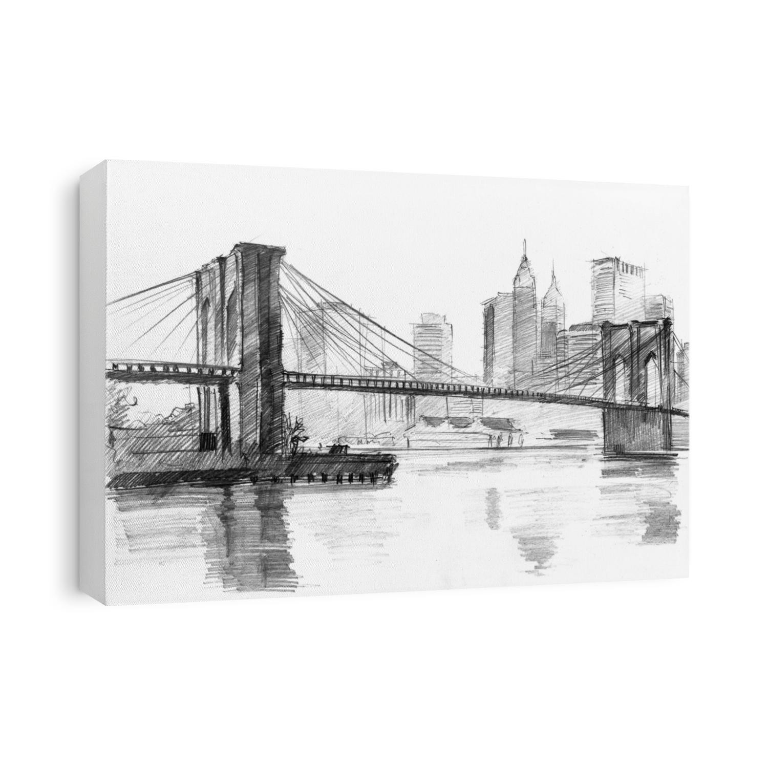 Pencil drawing of a landscape with set of skyscrapers and Brooklyn bridge in New York