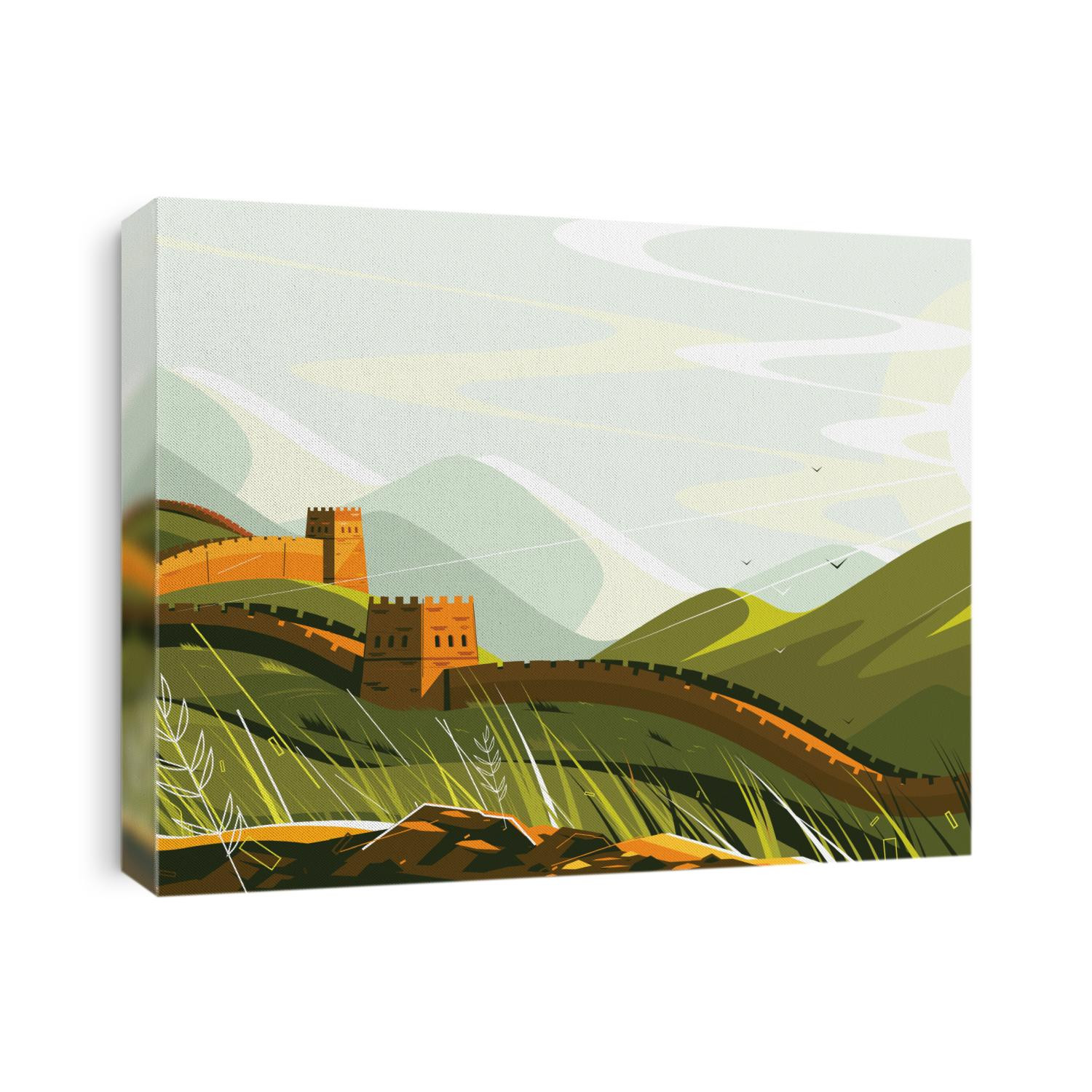 Great Wall of China vector illustration. Chinese famous landmark with watchtowers and wall sections on green mountains for travel and tourism design flat style concept