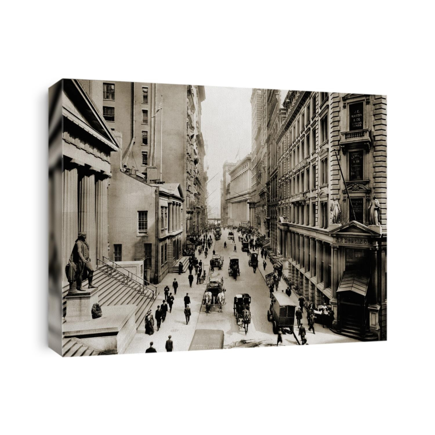 New York City's Wall Street, looking east from the intersection with Broad Street. In foreground left is Federal Hall; on right is J.P. Morgan's bank. Ca. 1910.