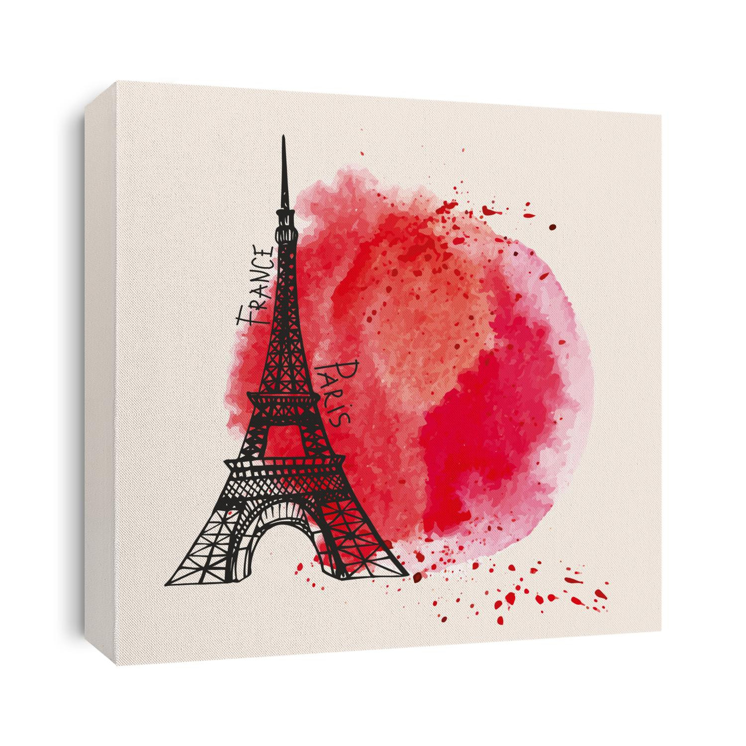 Paris Card.Eiffel tower,watercolor red,bloody splashes,spot,drops.Hand drawn doodle sketchy,painting texture.Room for text.Vector background,artistic design template