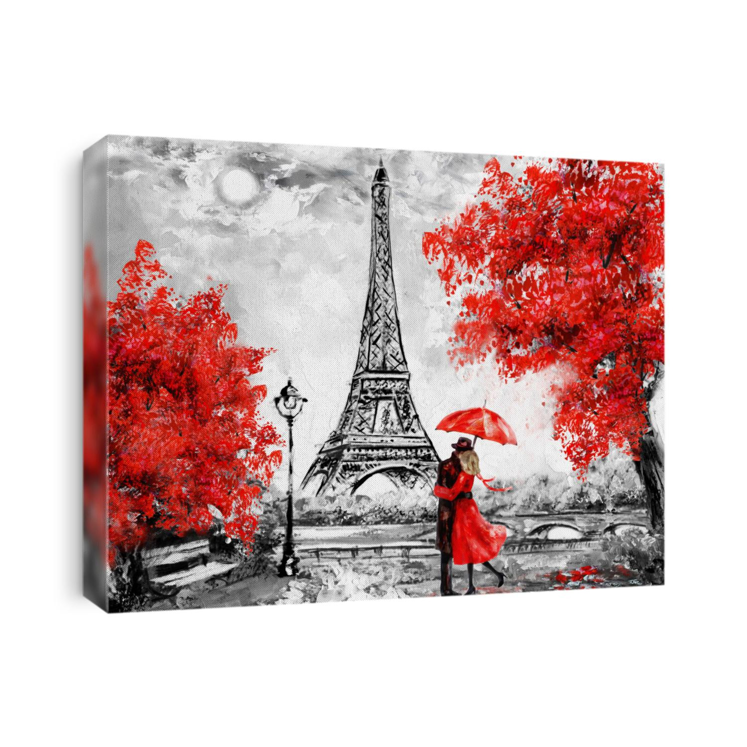 Oil Painting, Paris. european city landscape. France, Wallpaper, eiffel tower. Black, white and red, Modern art. Couple under an umbrella on street