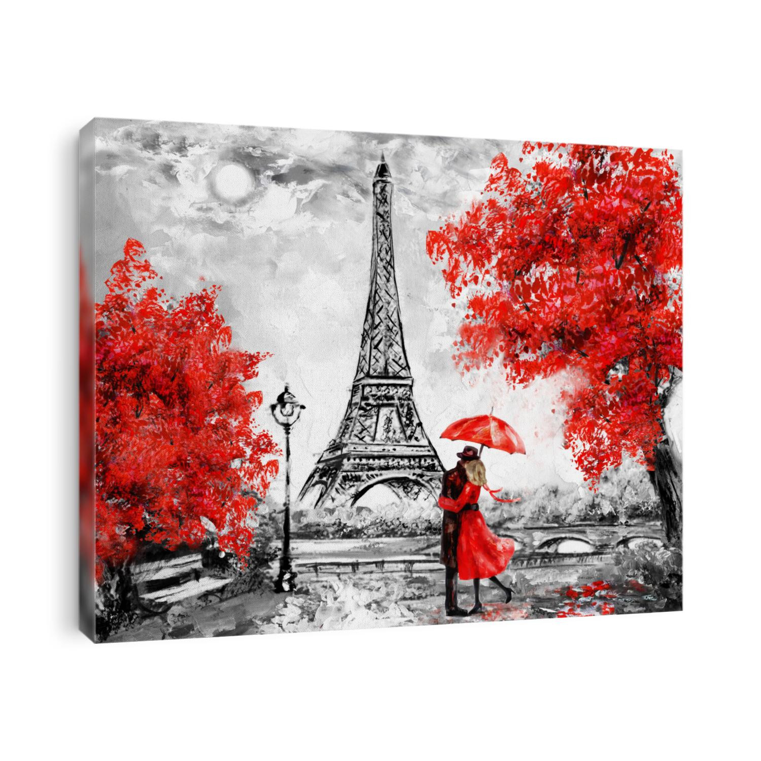 Oil Painting, Paris. european city landscape. France, Wallpaper, eiffel tower. Black, white and red, Modern art. Couple under an umbrella on street