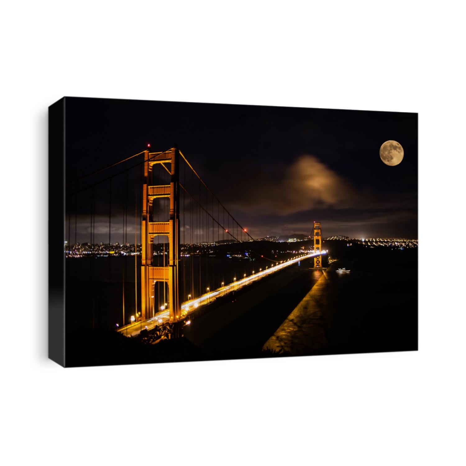Golden Gate bridge at night with full moon shining on San Francisco skyline