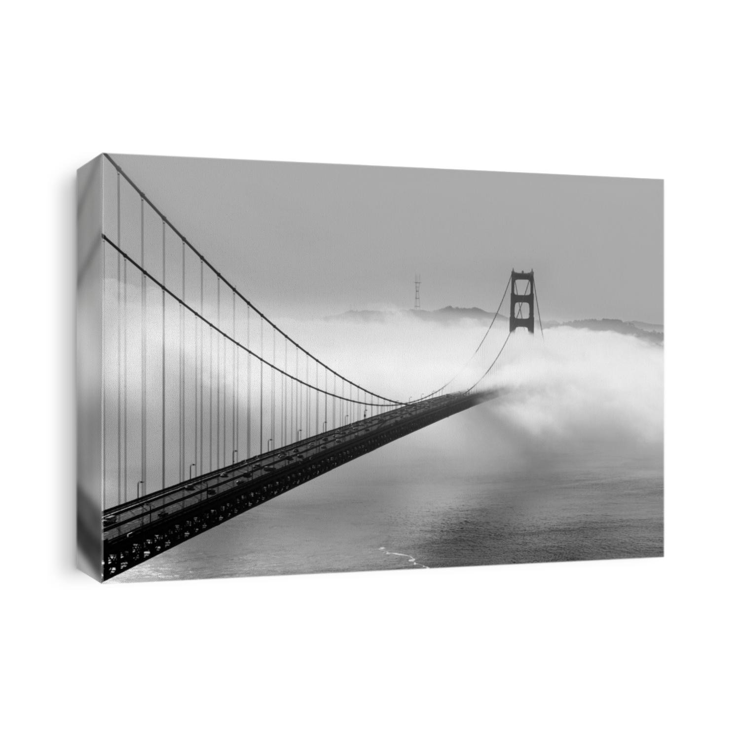 Panoramic view of the western span of the Golden Gate Bridge on a foggy winter morning viewed from Battery Spencer, a Fort Baker site - black and white rendering.

