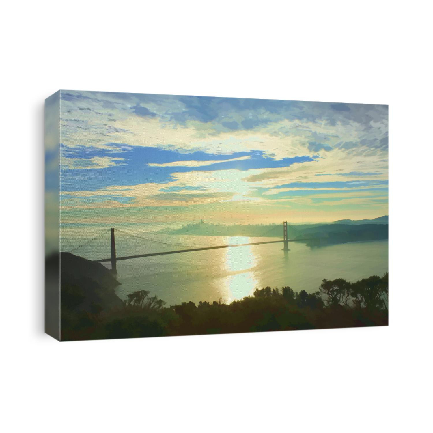 Painting view of Golden Gate Bridge from Sausalito, San Francisco, California, USA. The sunny path at sunrise.