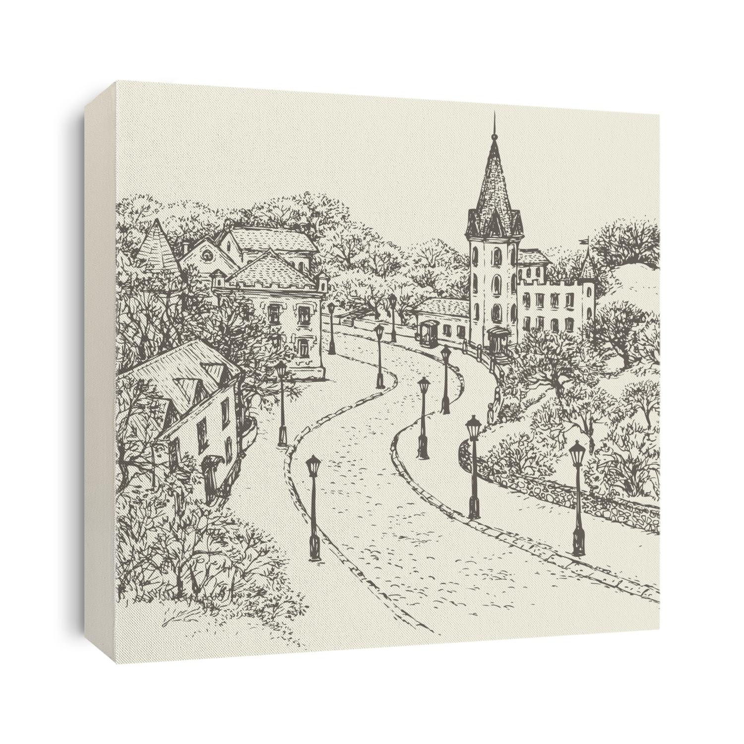 Vector landscape. Cobblestone street of the old town descends down along the fenced park and ancient castle