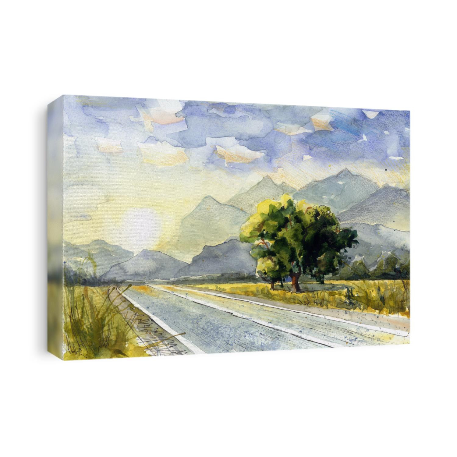 Picturesque trees in sunset on the road watercolor painting poster card background