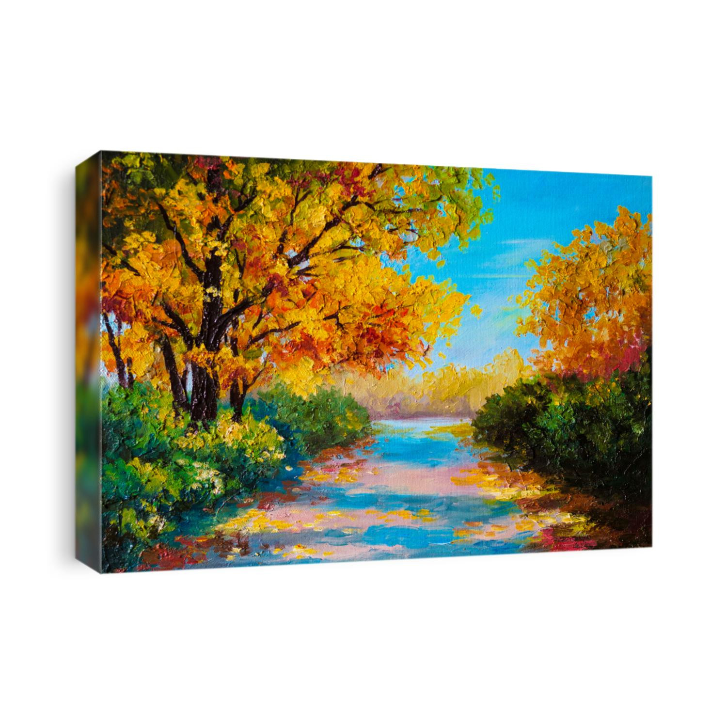 Oil Painting - autumn forest with a road, bright leaves