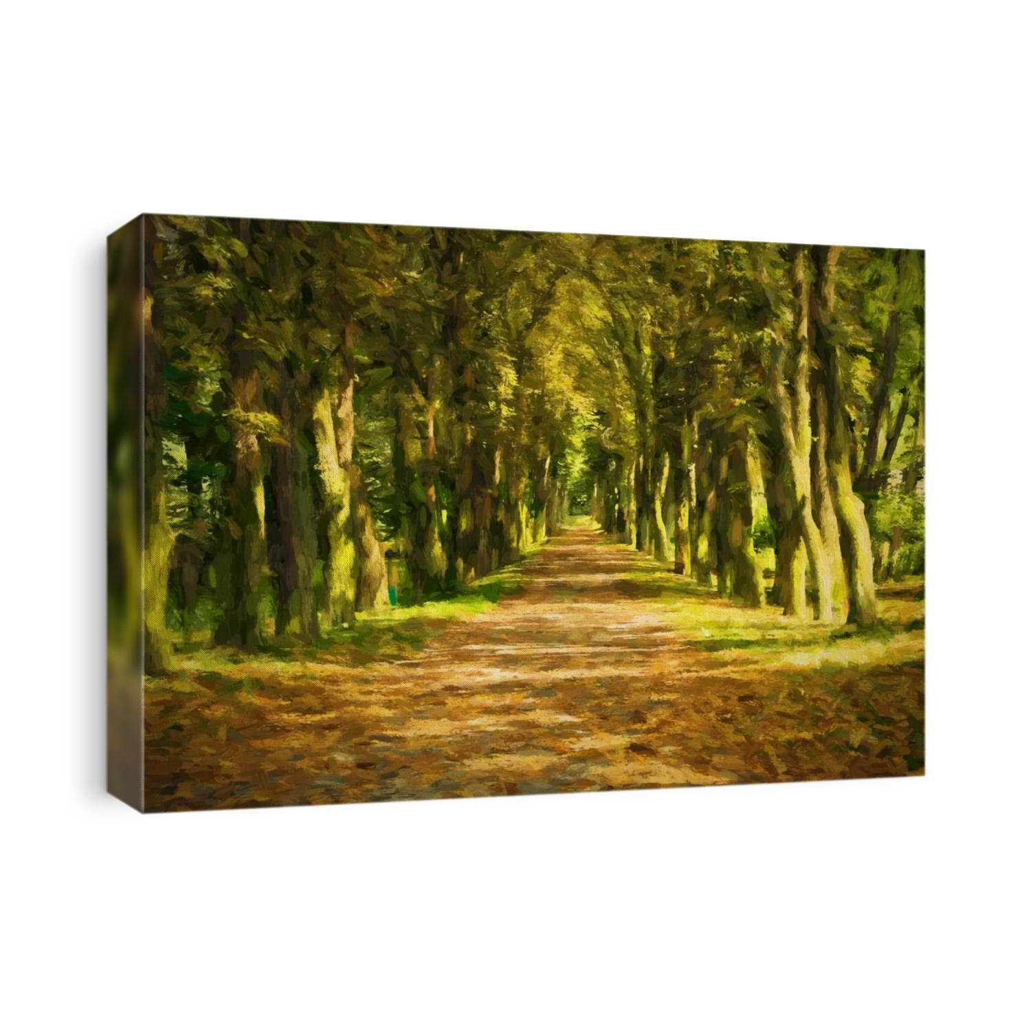 Oil painting pathway through the autumn forest. Original oil painting on canvas.