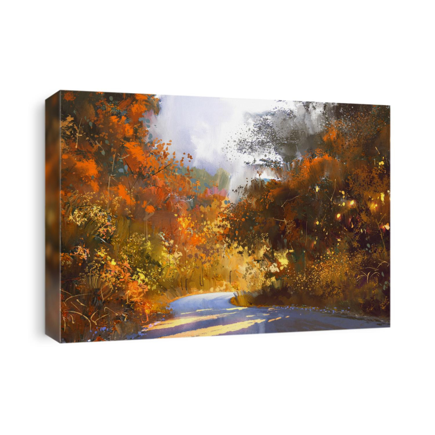 pathway through the colorful forest,autumn landscape painting,illustration