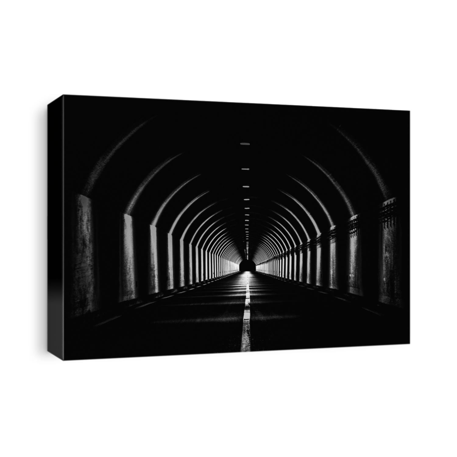 Dramatic Black White Monochrome Highway Tunnel Night Time Light Shapes Dark Abstract