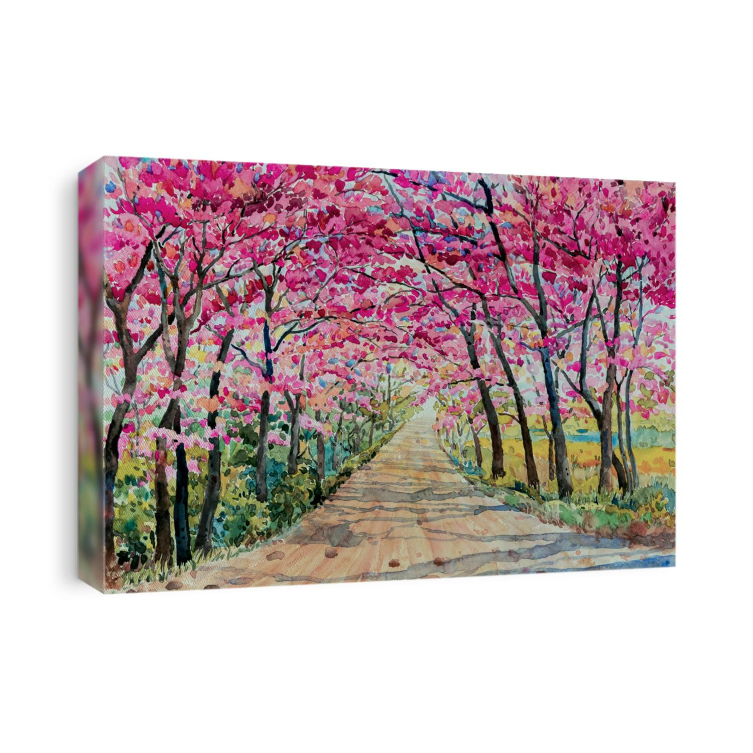 Painting watercolor landscape pink red color Tunnel of Wild himalayan cherry roadside in the morning with vintage emotion sky background. Hand painted beauty nature spring season landmark in Thailand.