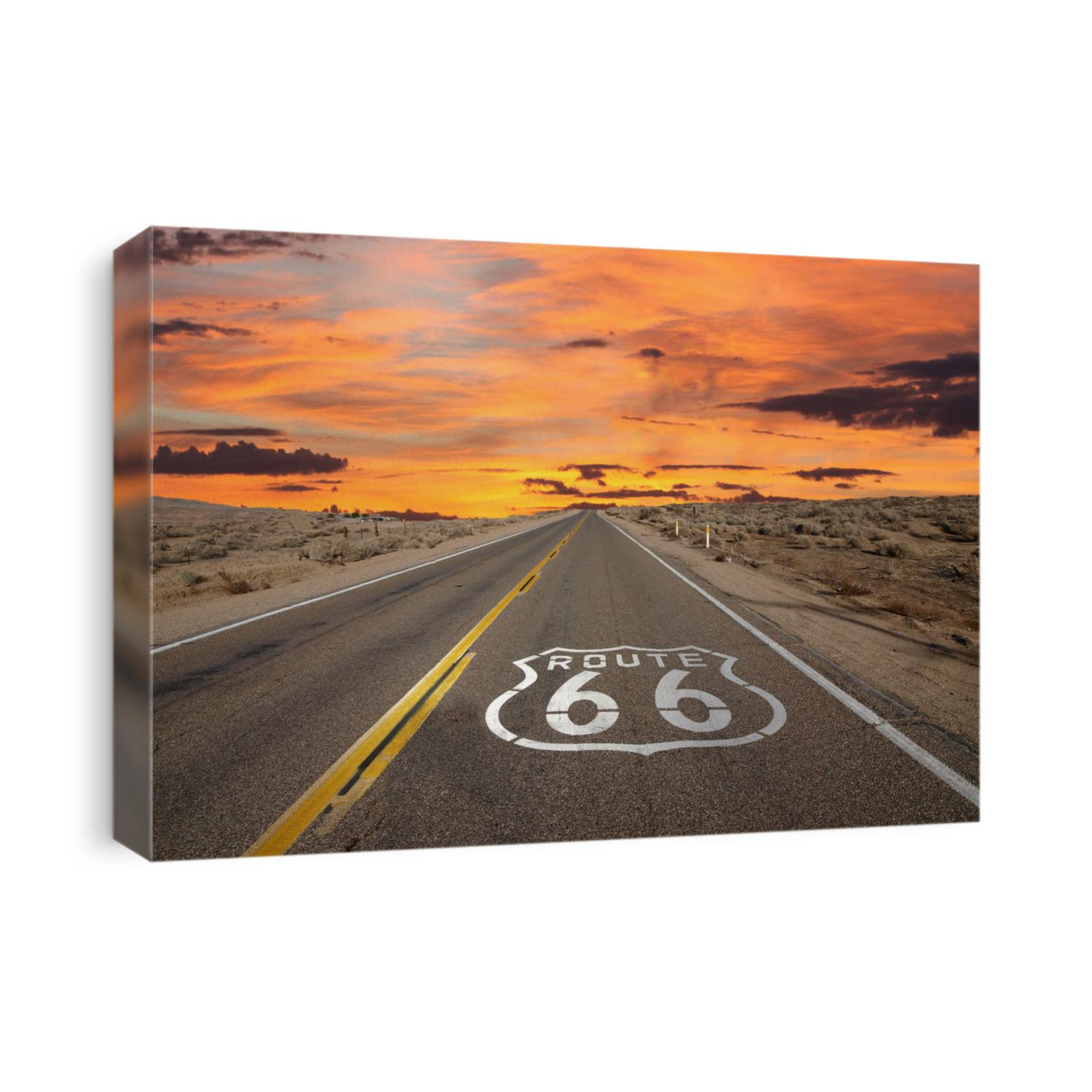 Route 66 pavement sign sunrise in California's Mojave desert.