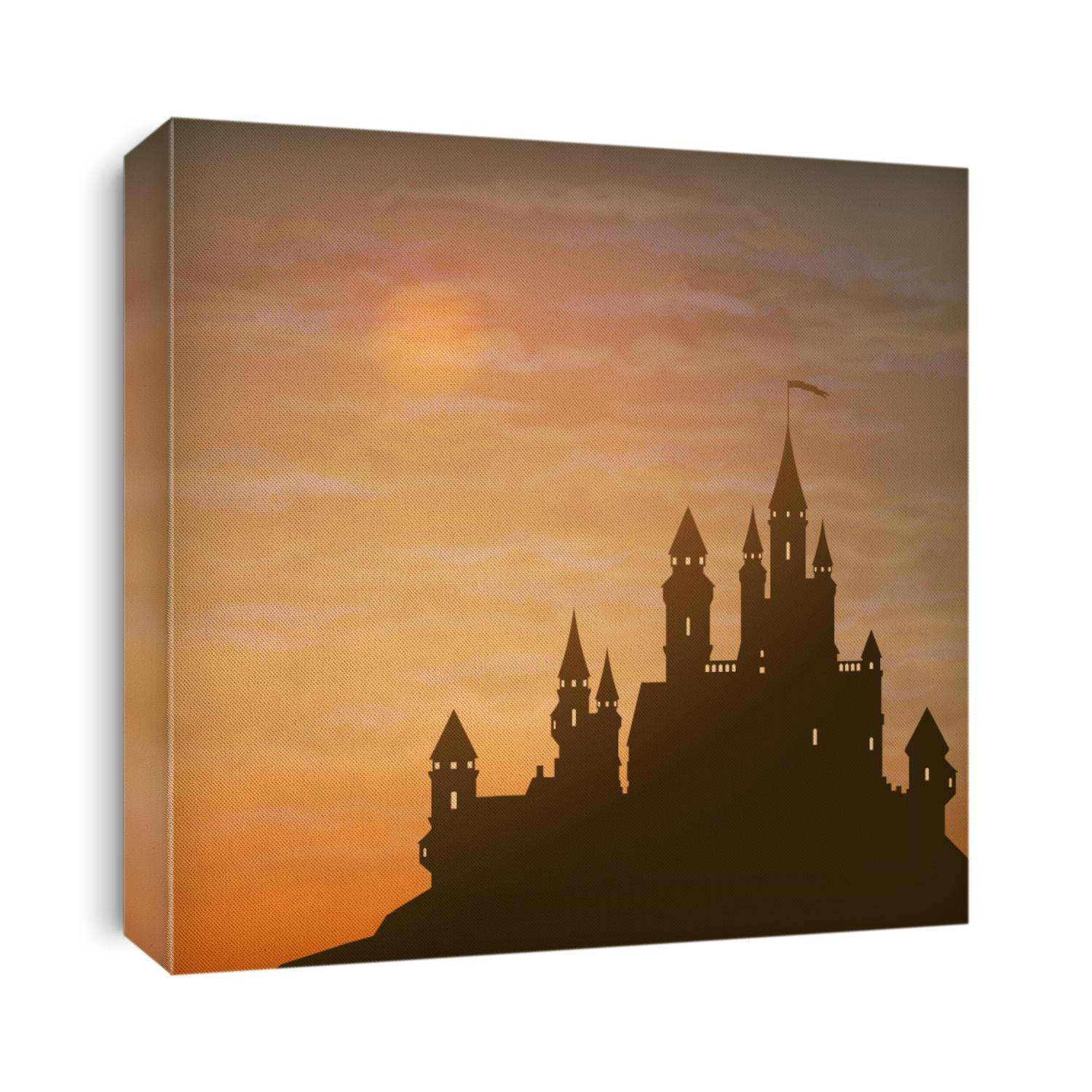 Fantasy vector castle silhouette on the hill against moonlight sky with soft clouds texture