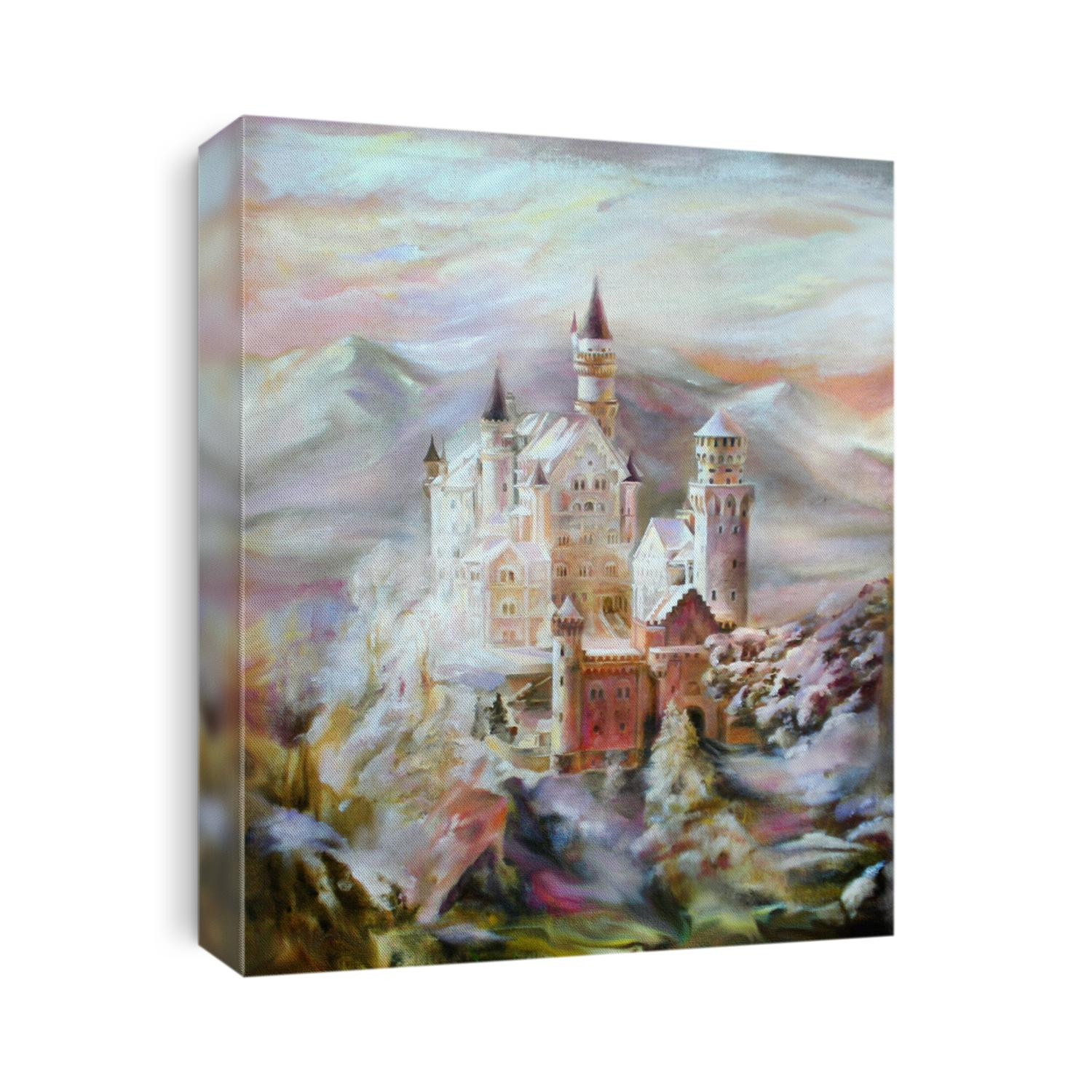 Oil painting on canvas - fantastic mysterious castle in the mountains against a beautiful sky and mountains. Hand draw picture on the texture background. 					