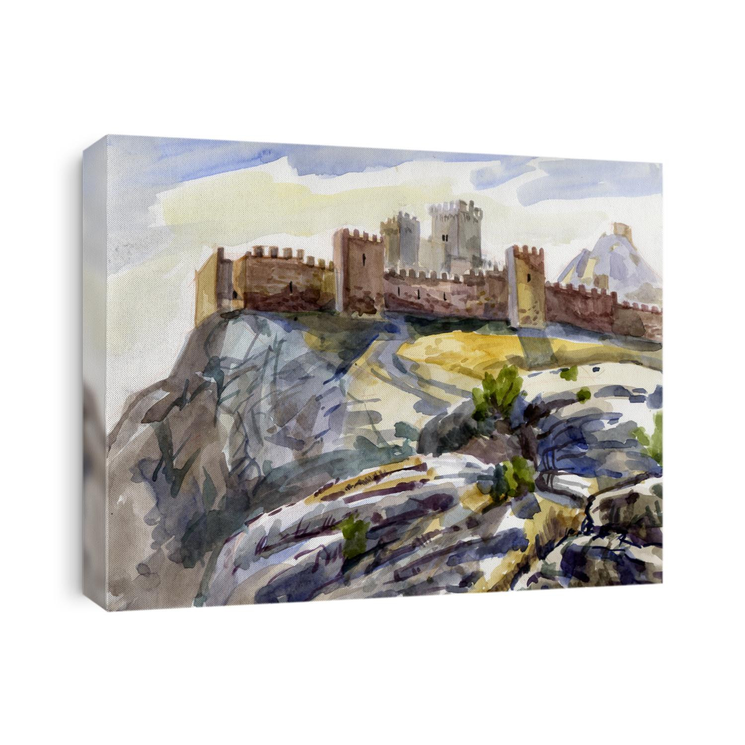 watercolor painting on paper with a medieval fortress in color