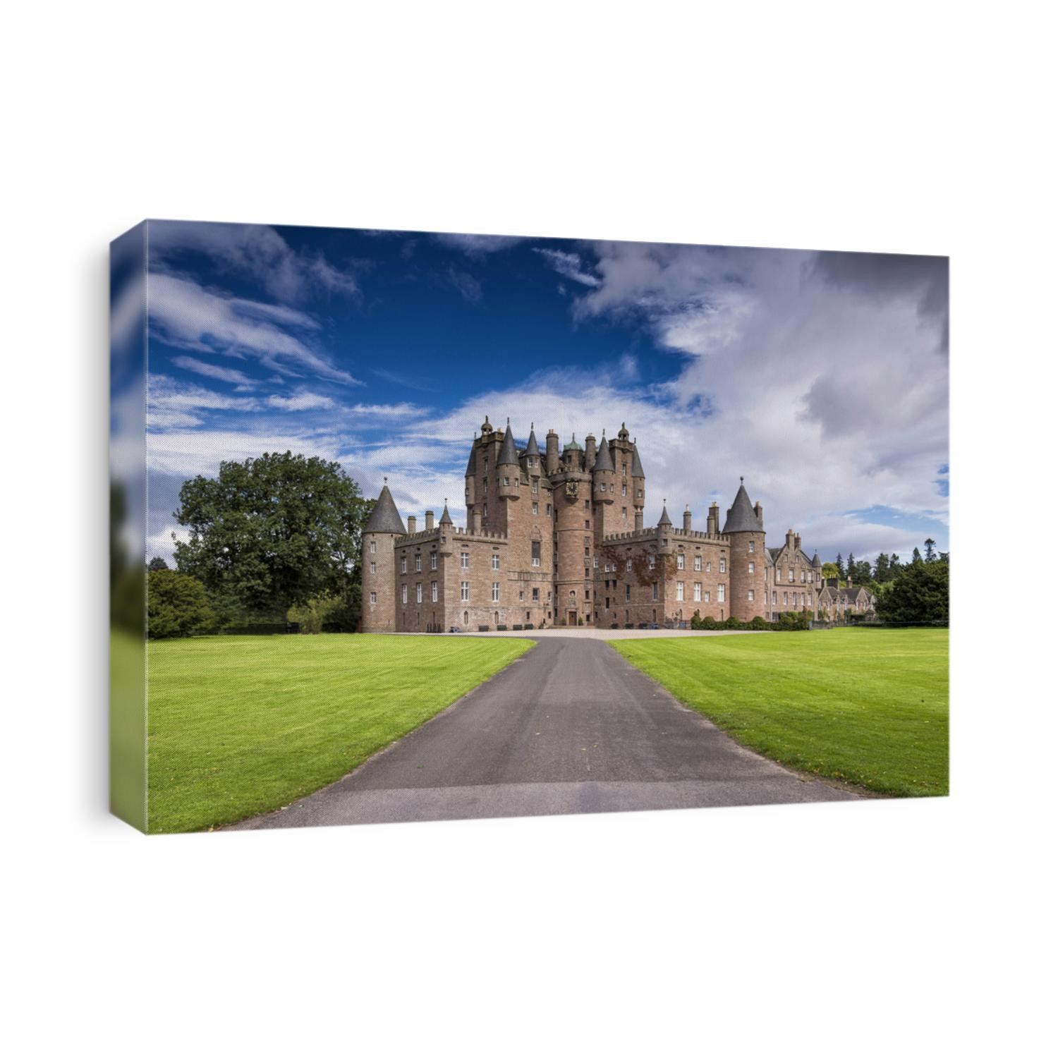 View of Glamis Castle in Scotland, United Kingdom. Glamis Castle is situated beside the village of Glamis in Angus. It is the home of the Countess of Strathmore and Kinghorne, and is open to public.