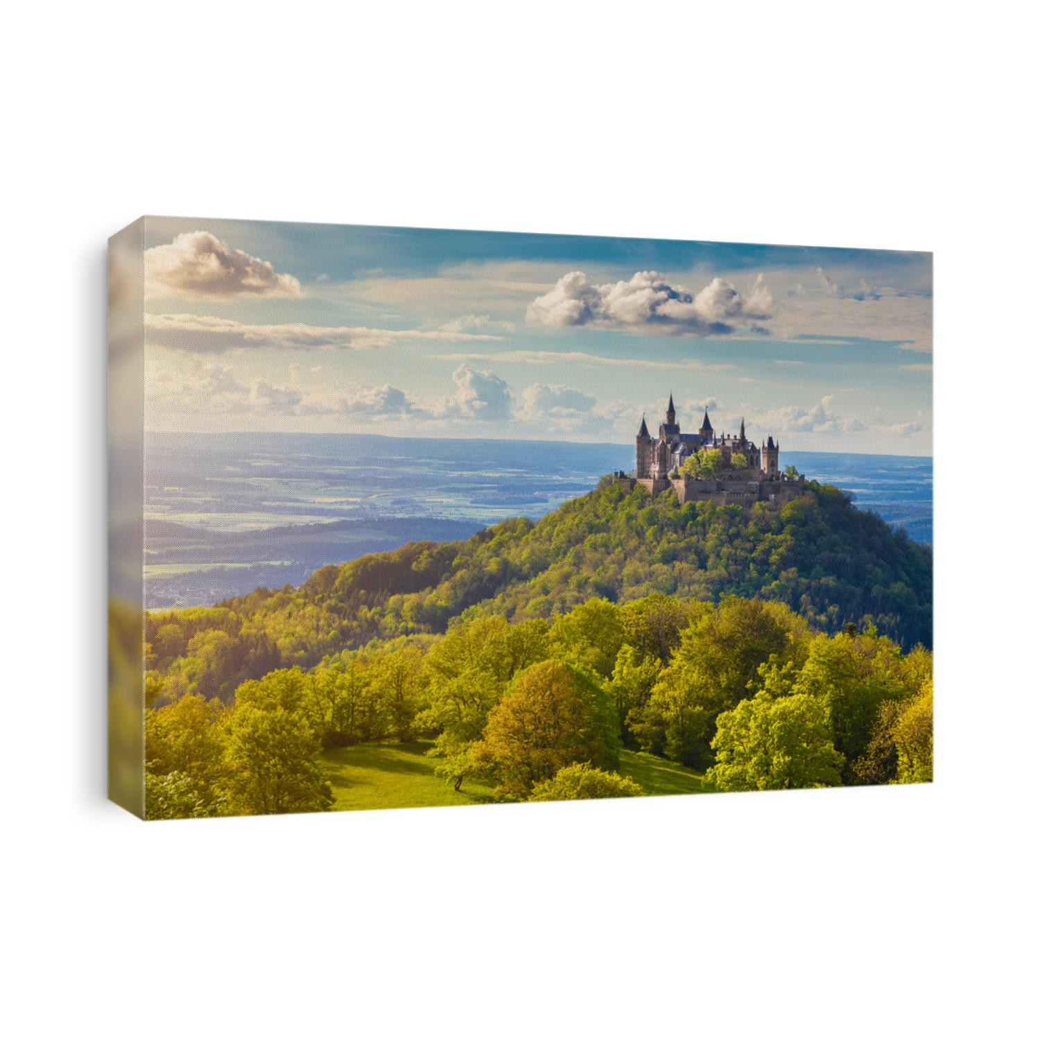 Aerial view of famous Hohenzollern Castle, ancestral seat of the imperial House of Hohenzollern and one of Europe's most visited castles, in beautiful golden evening light, Baden-Wurttemberg, Germany