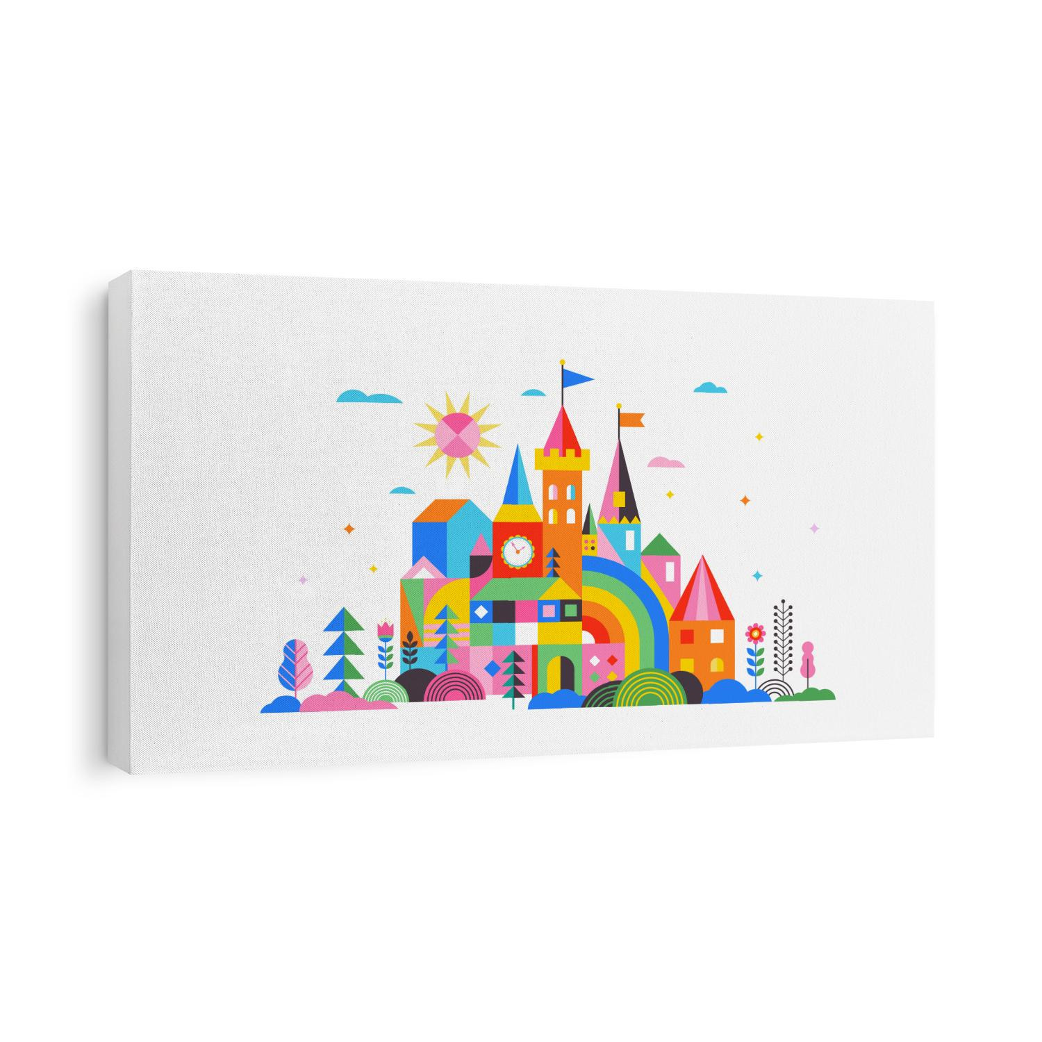 Geometric fairy tale kingdom, knight and princess magic castle, children room, class wall decoration. Colorful vector illustration