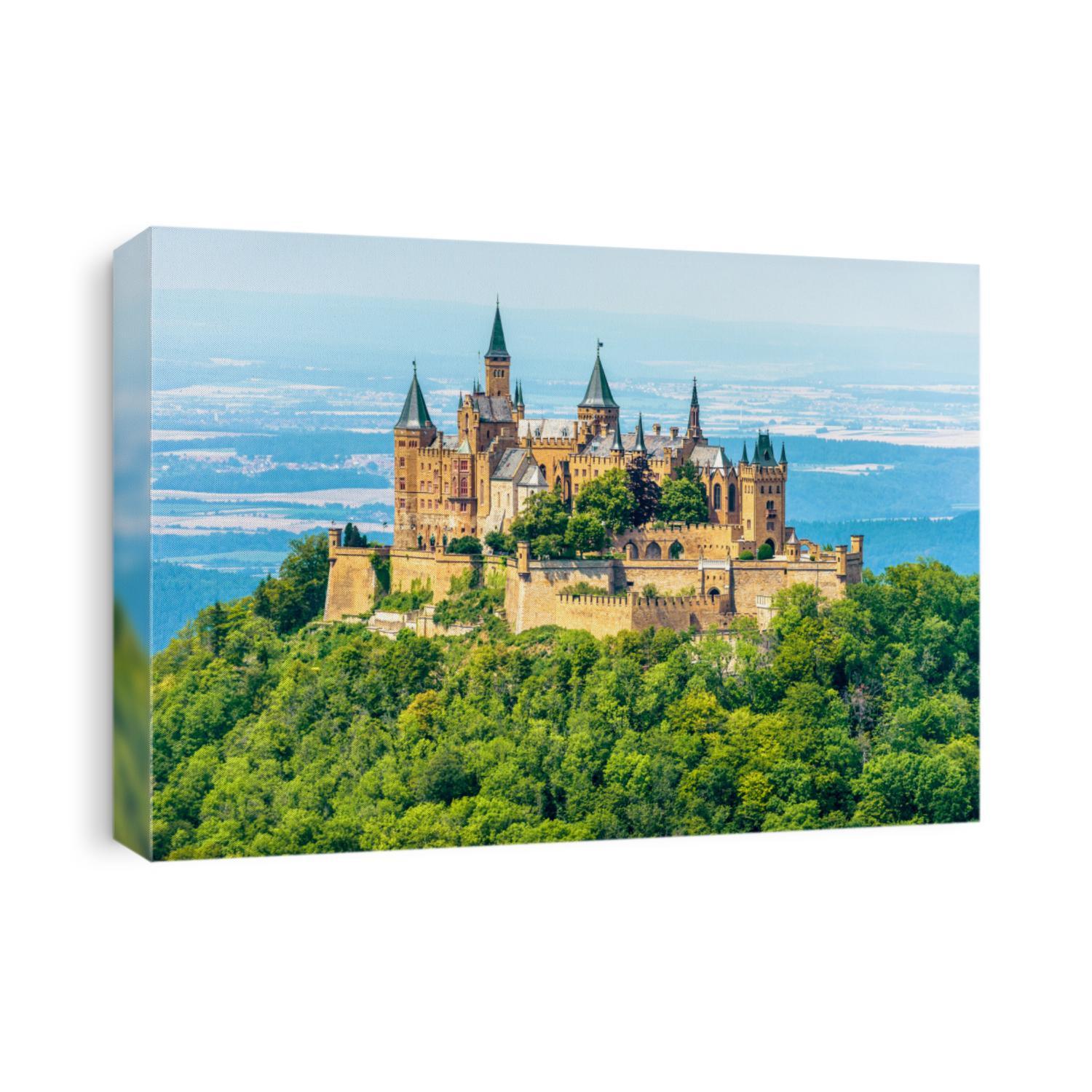 Hohenzollern Castle or Burg on mountain top, Germany. It is famous landmark in Stuttgart vicinity. Scenic view of German castle like old palace in summer. Landscape of Swabian Alps with Gothic castle