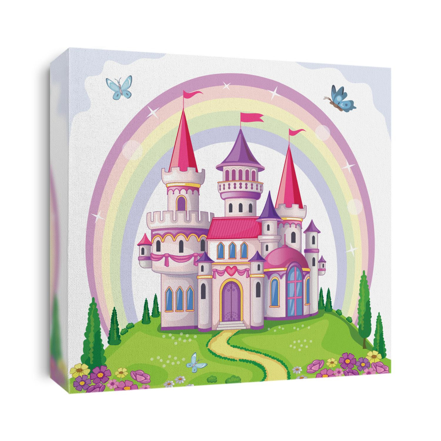 Fairy-tale castle for Princess, magic kingdom. Vintage Palace and beautiful flower meadow with rainbow. Wonderland. Children cartoon illustration. Romantic story. Vector.