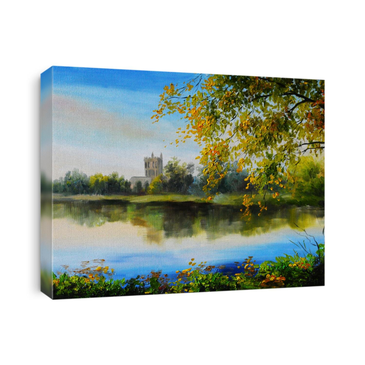 Oil painting landscape - castle near lake, tree over the water, bright colors, made ??in the style of Impressionism