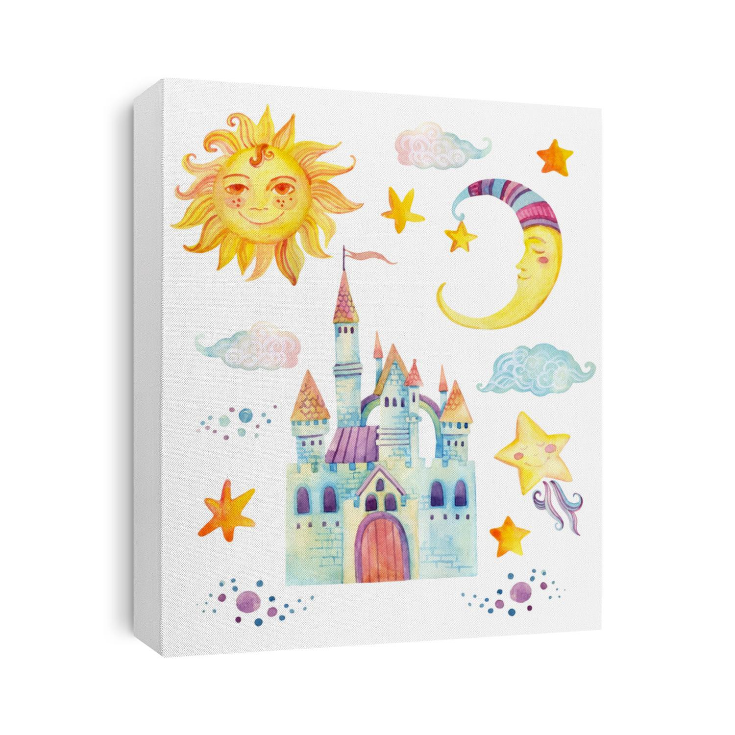 Watercolor fairy tale collection with cute dragon, magic castle, little princess crown, mountains and fairy clouds isolated on white background. Hand painted elements for kids, children design
