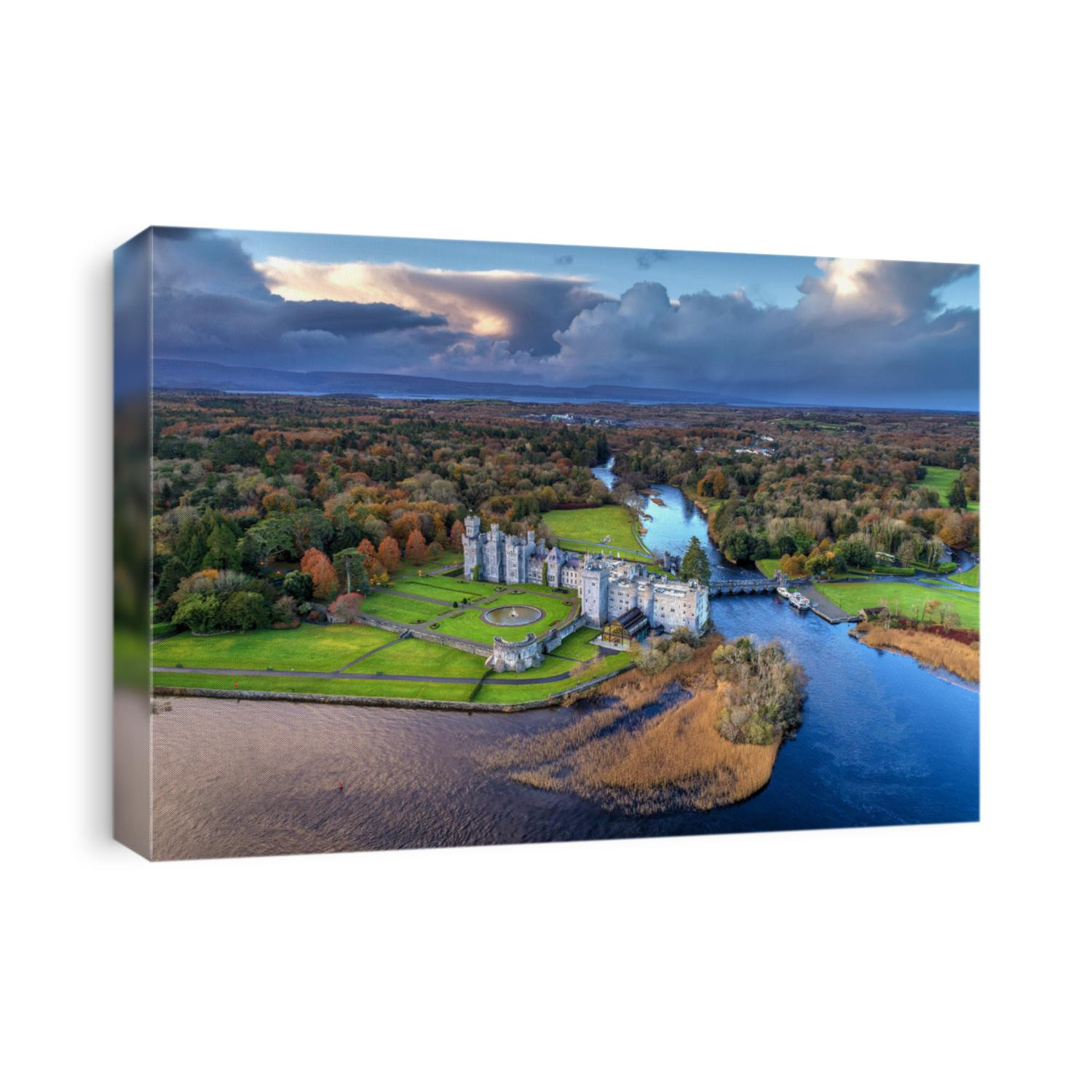 Luxury Ashford castle and gardens from above drone- Co. Mayo - Ireland