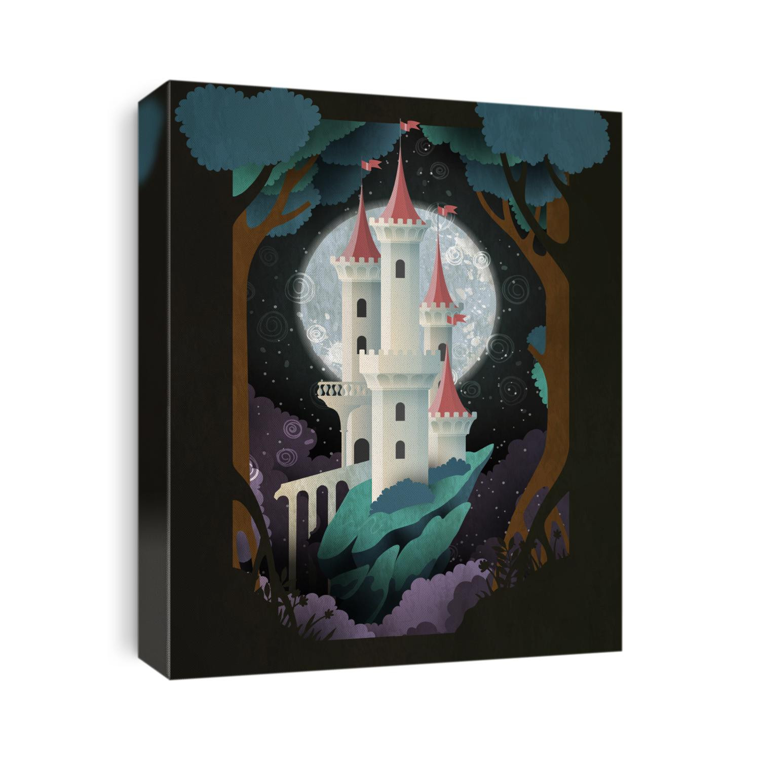 White castle in front of night sky and moon. Fairy tale illustration. Book cover, poster or postcard design