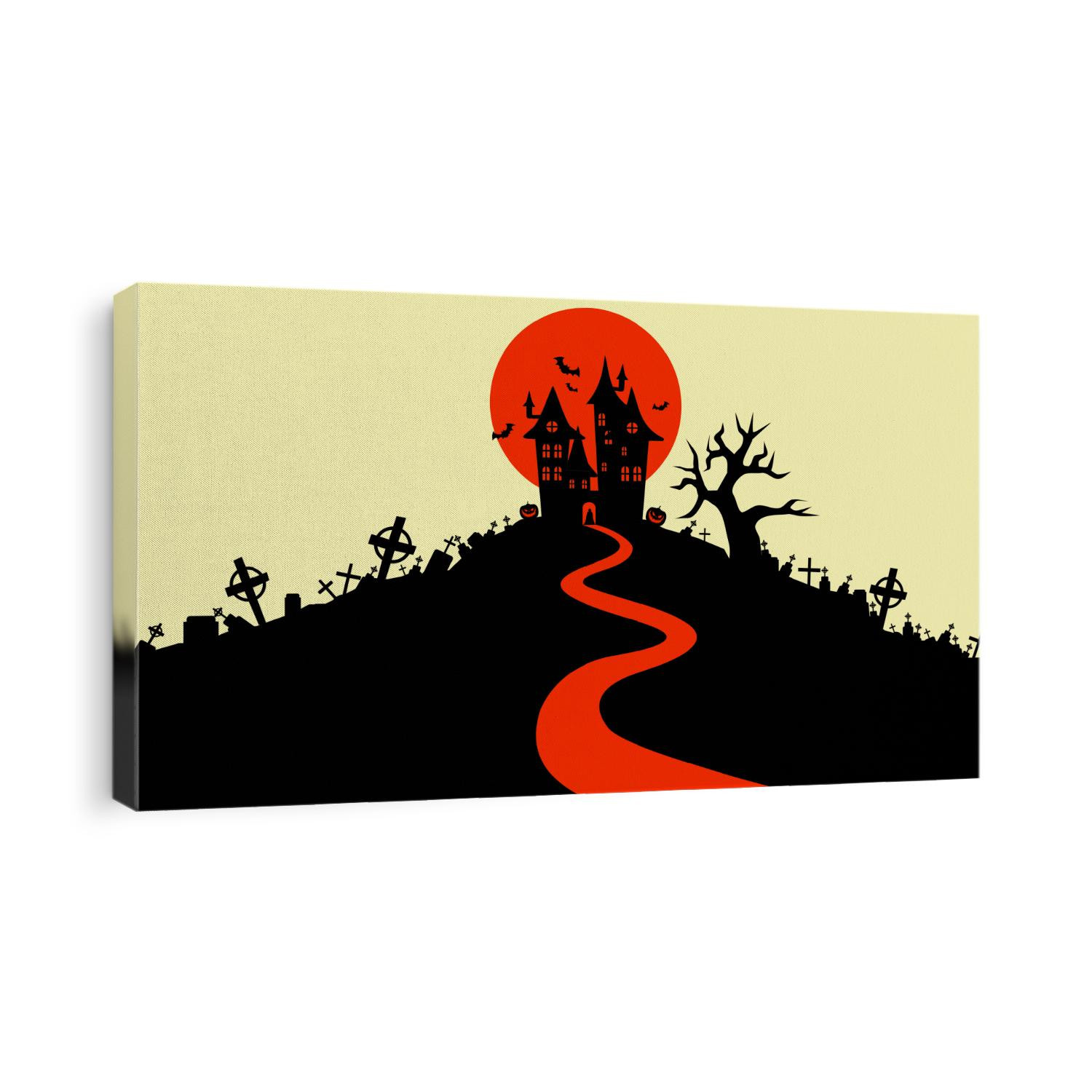 Vector illustration, Flat Style, Halloween background, the vampire castle silhouette located on a hill between the cemeteries  at full moon, tombstone, dracula, graveyard, cross, jack o lantern, scary