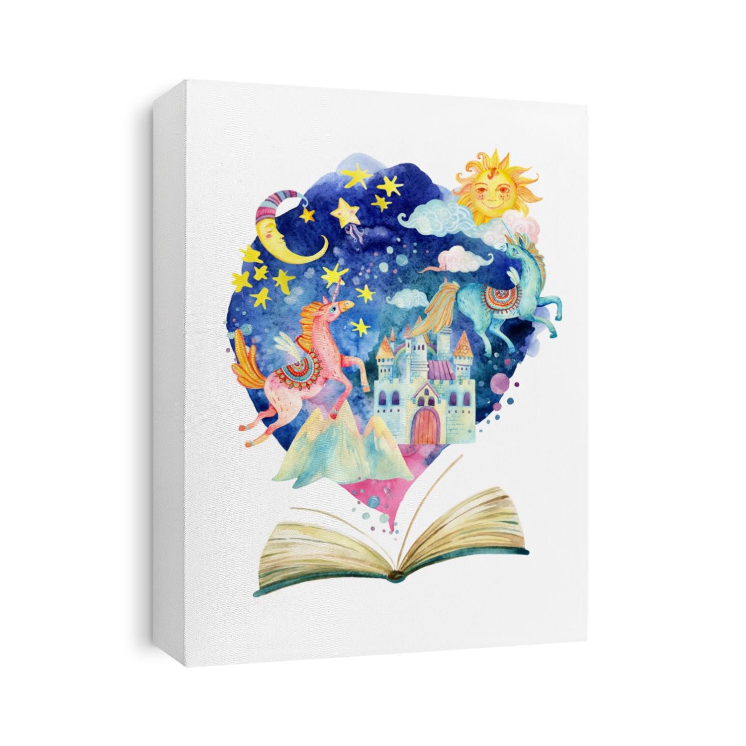 Watercolor open book with magic world. The whole fairy tale world in one book. Starry sky, moon and sun, magic castle, flying unicorns. Hand painted book illustration for educational childish design
