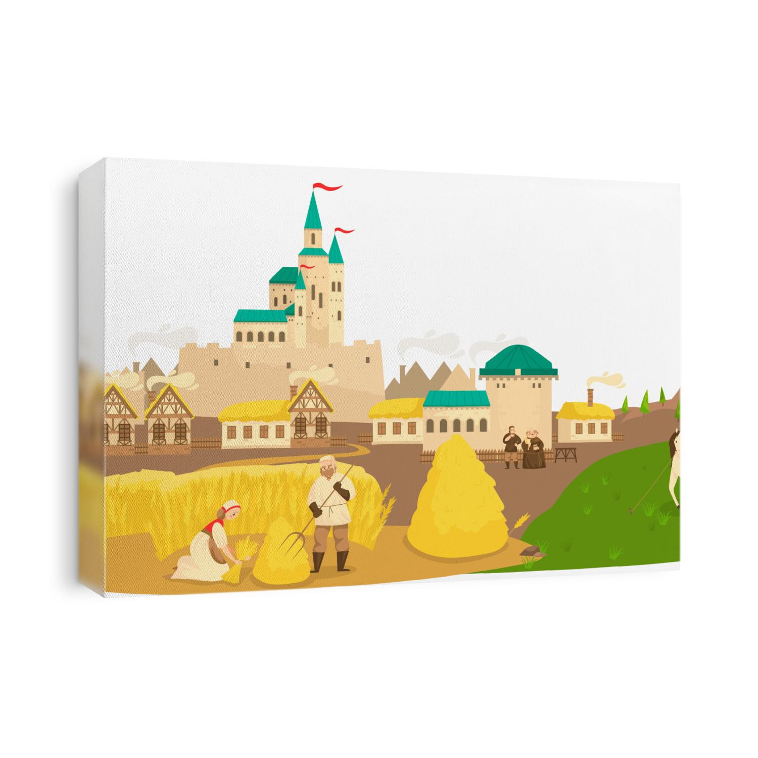 Medieval life peasants working in field, horse, castle and old european buildings landscape cartoon vector illustration. Historic life of medieval people, poor villagers and farmers labor.
