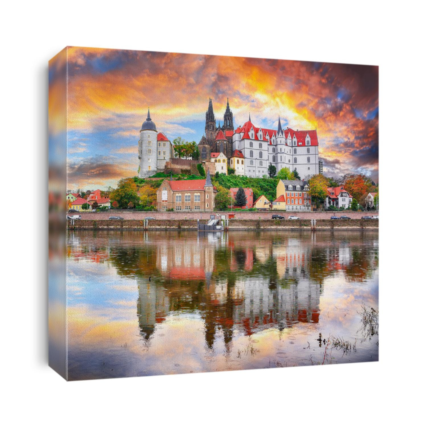 Awesome view on Albrechtsburg castle and cathedral on the River Elbe with dramatic  sunset.  Location: Meissen, Saxony, Germany, Europe.