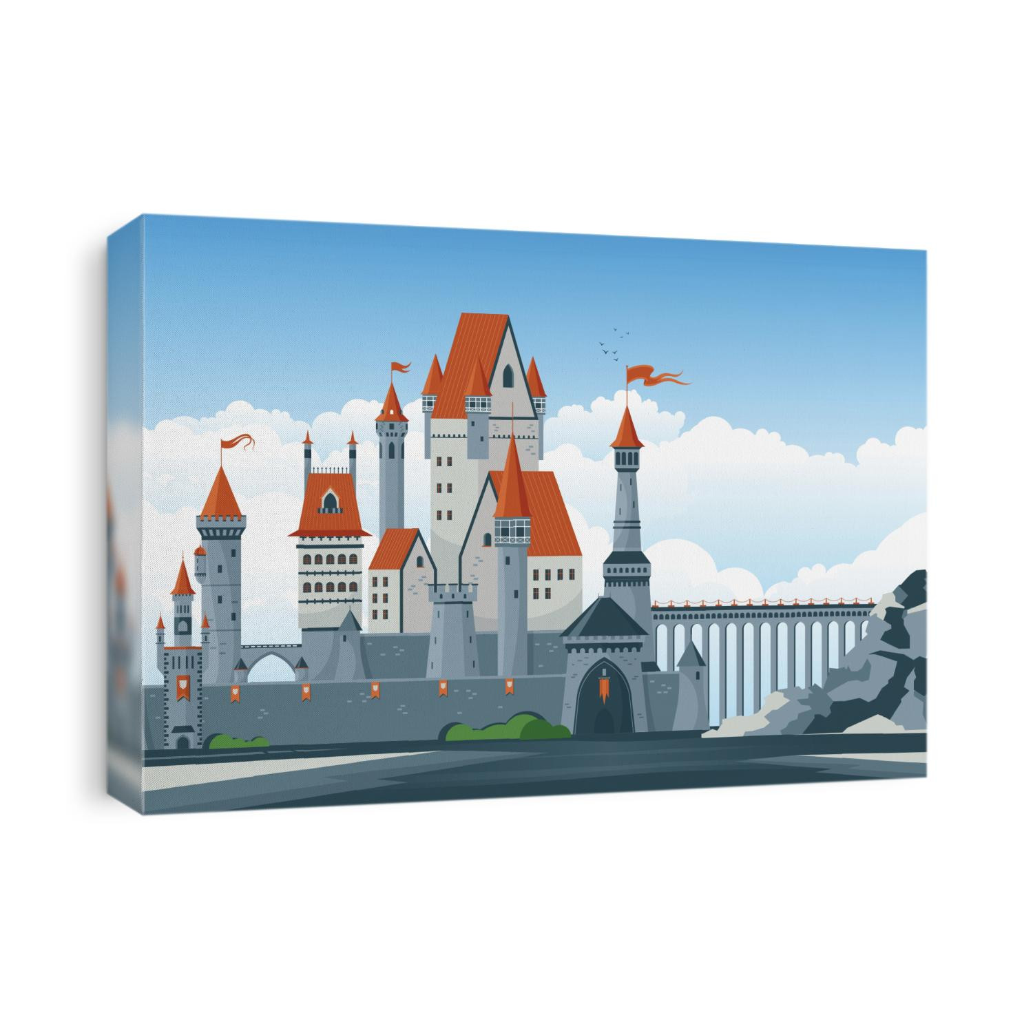 Beautiful medieval castle with arched windows towers turrets bridge gate flat vector illustration