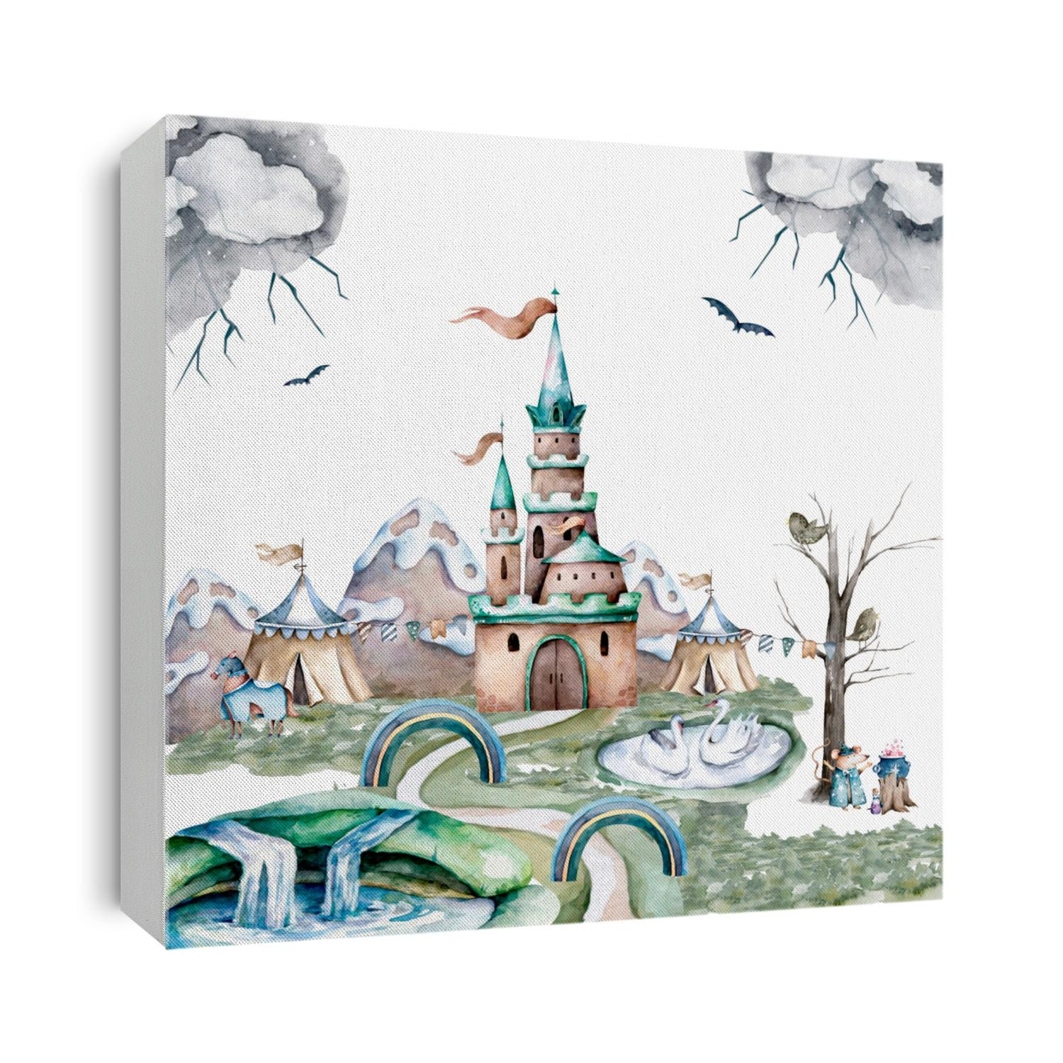 Castle with a high tower and flag. Around the castle forest and mountains. illustration