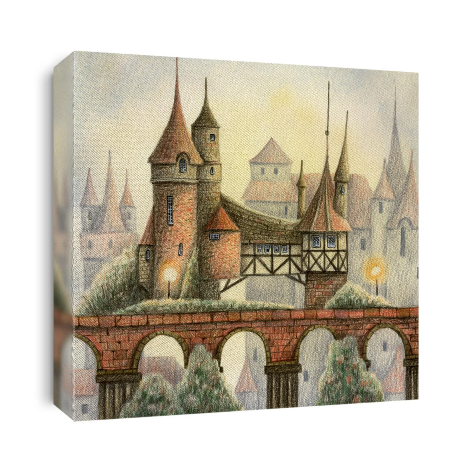 Medieval city with houses, castles and trees. Hand drawn watercolor and colored pencols illustration.