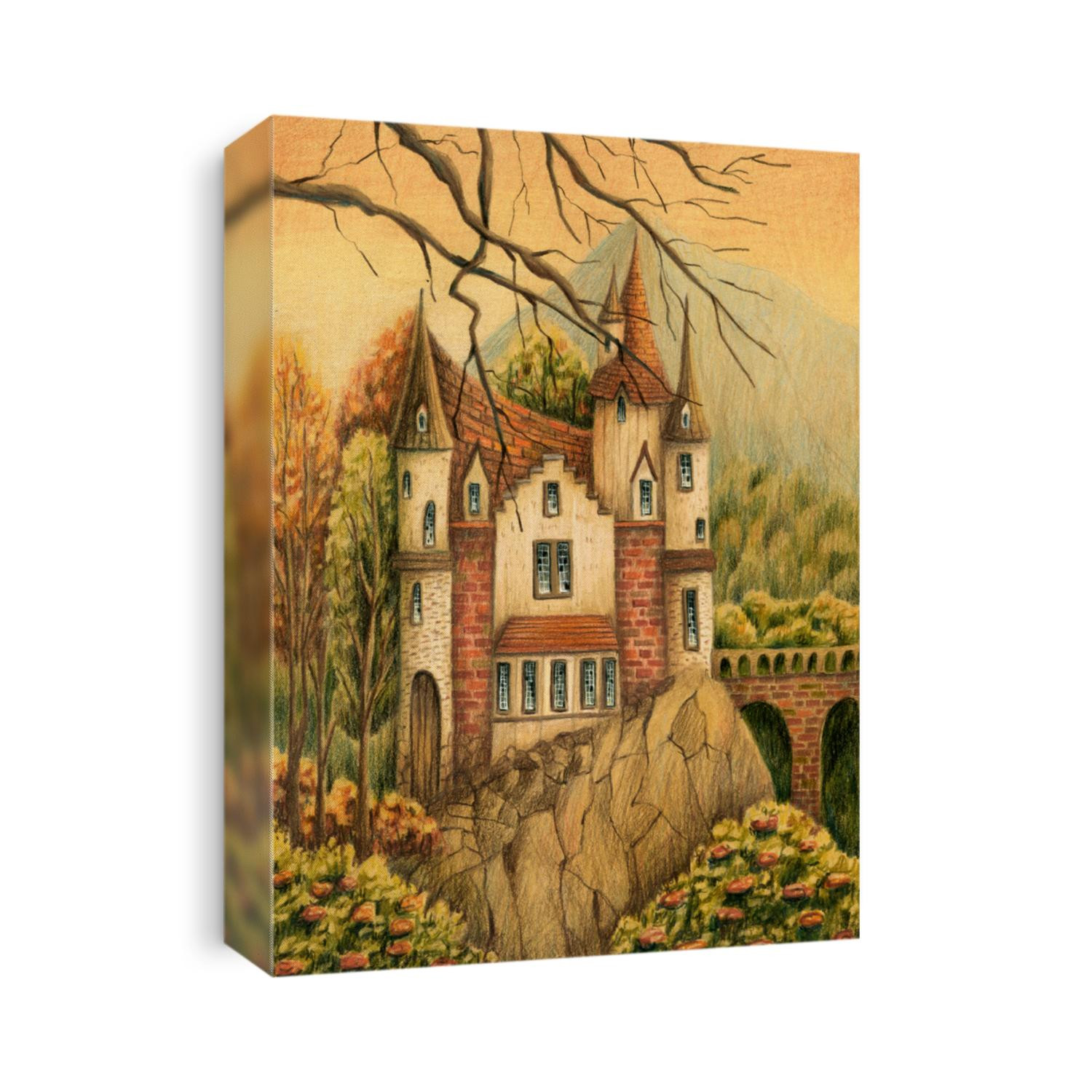 Medieval castle with mountains, forest, bridge and branches. Hand drawn colored pencils illustration.