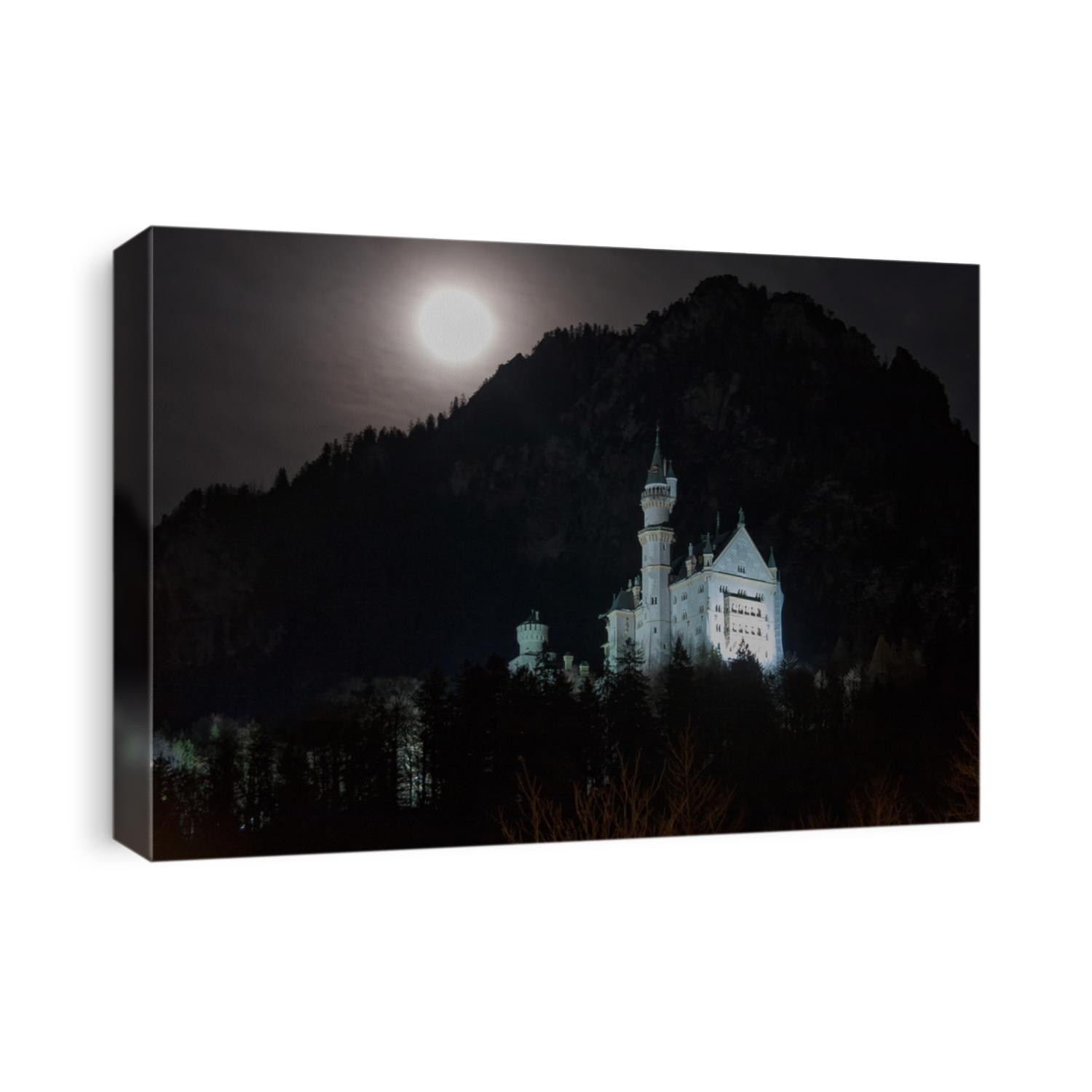 Night view on Neuschwanstein castle with bright full Moon over mountain. Bavaria, Germany.  