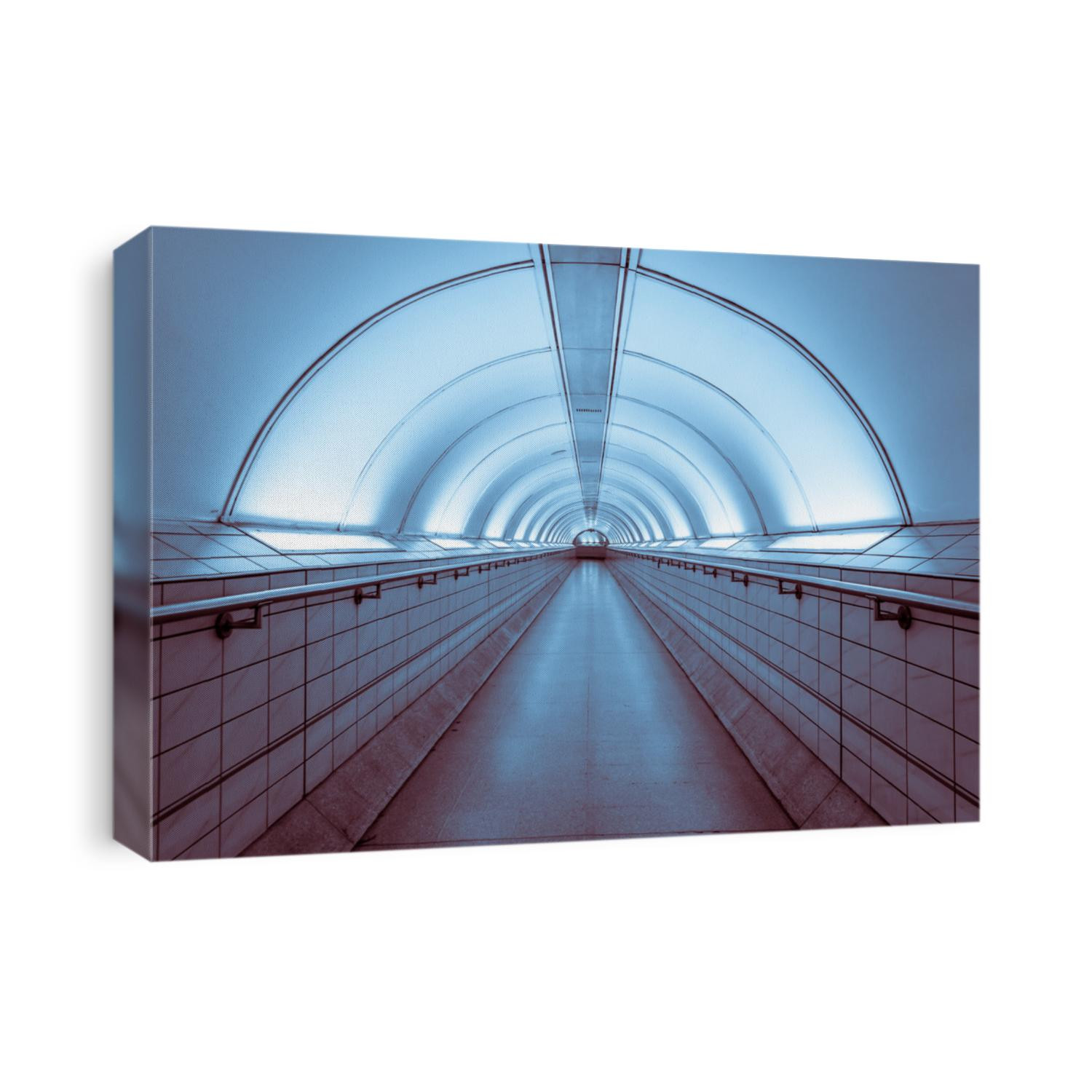 Vortex, long tunnel corridor of London Bank Tube railway metro with none walking and completely empty during pandemic of covid-19, coronavirus pandemic