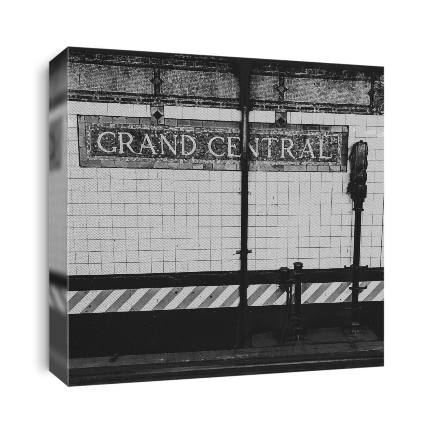 Detail of New York Metro Station with Grand Central Sign. Black and white design, square format, asymmetric image, retro look.