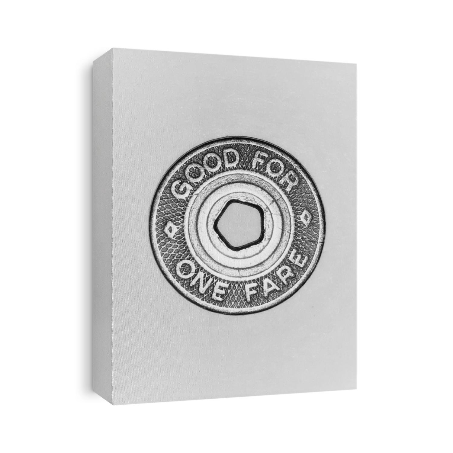 New York City Subway Token with the words “GOOD FOR ONE FARE” - Black and White Portrait Format